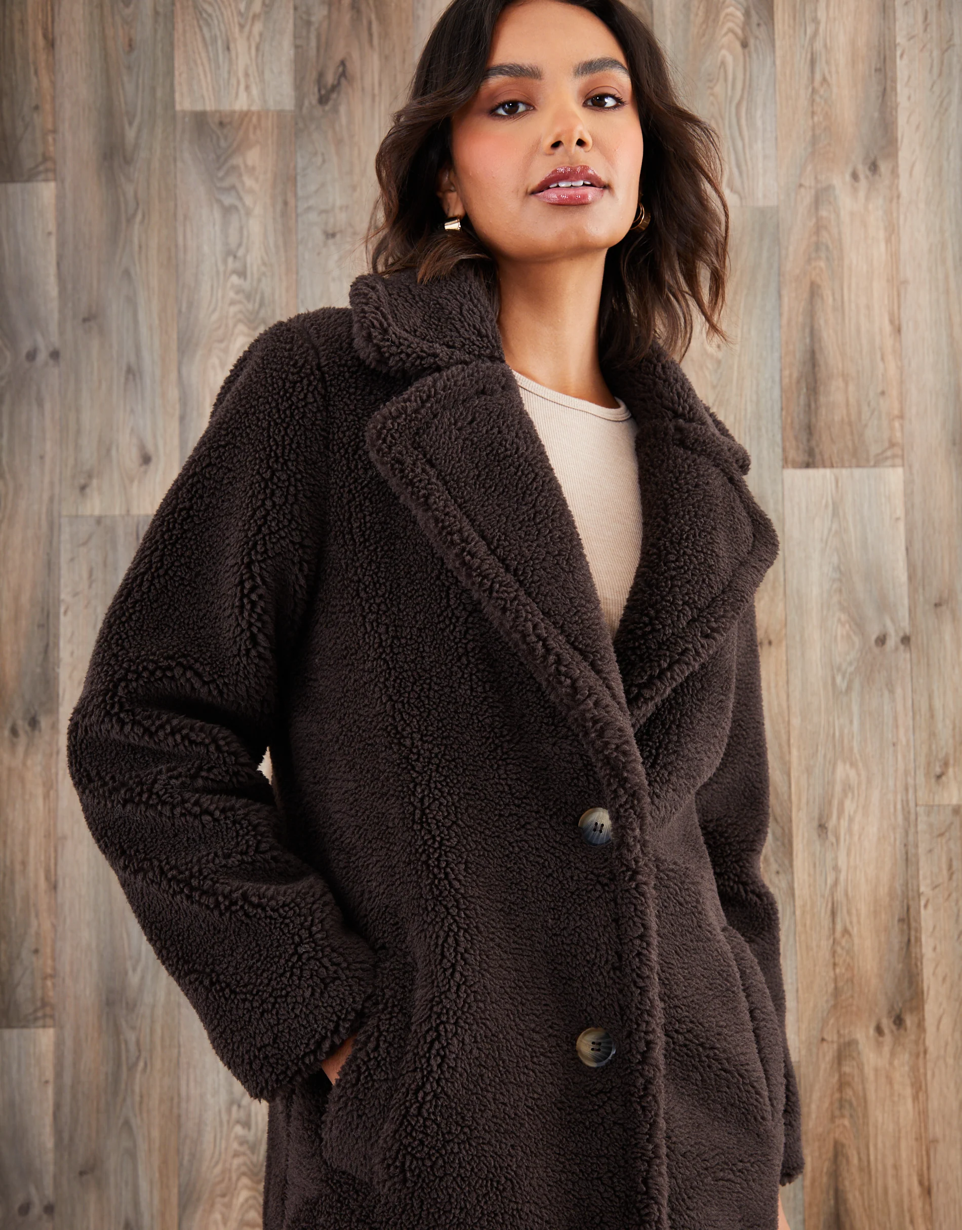 Longline Borg Teddy Coat in Chocolate Brown - Image 4