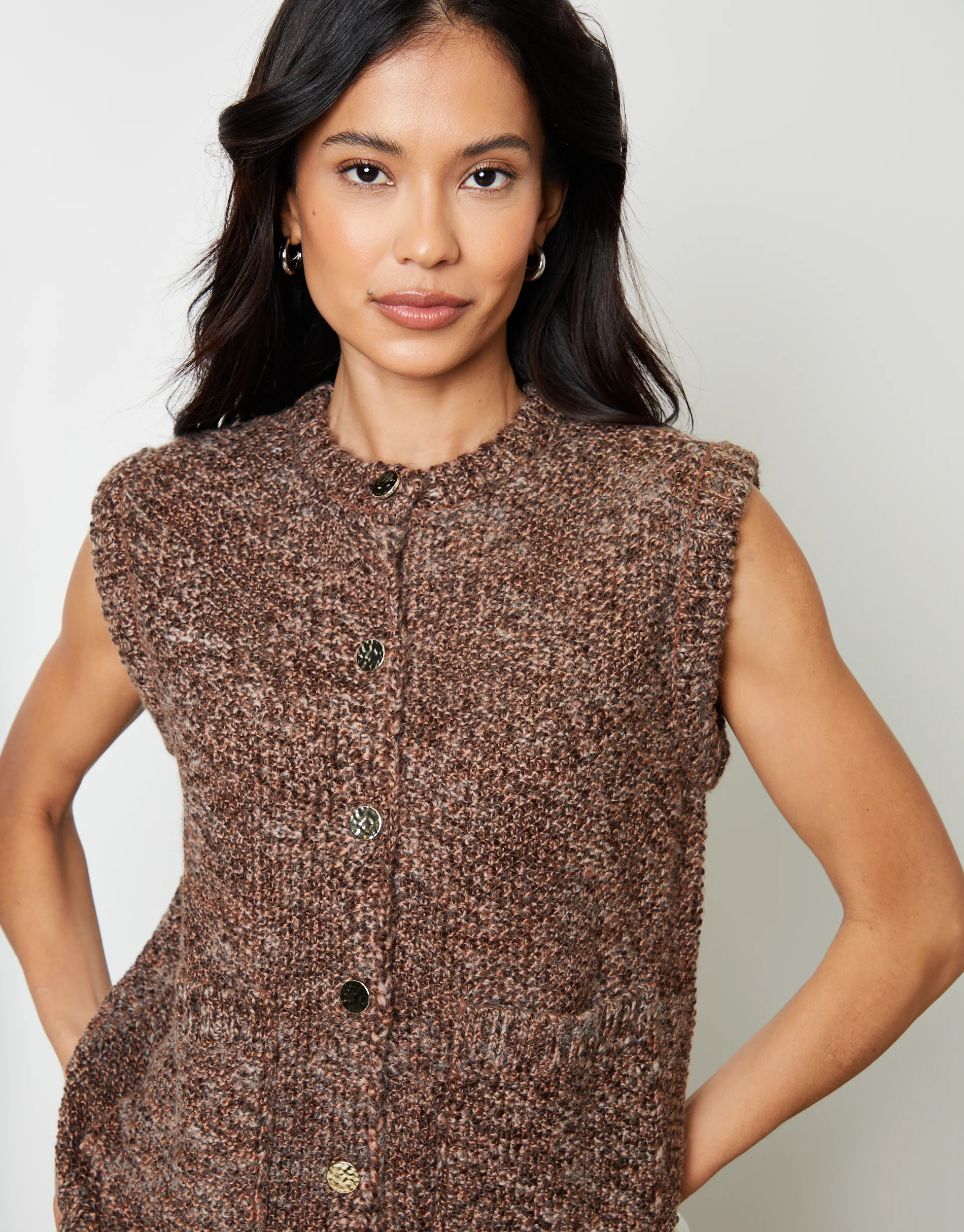 Moss Stitch Knitted Button Up Waistcoat in Chocolate Brown - Image 2