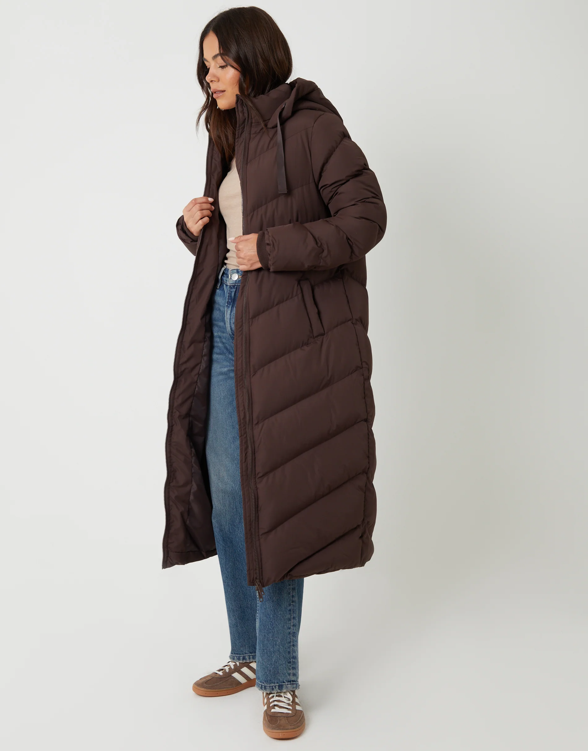 Padded Maxi Coat in Chocolate Brown - Image 3