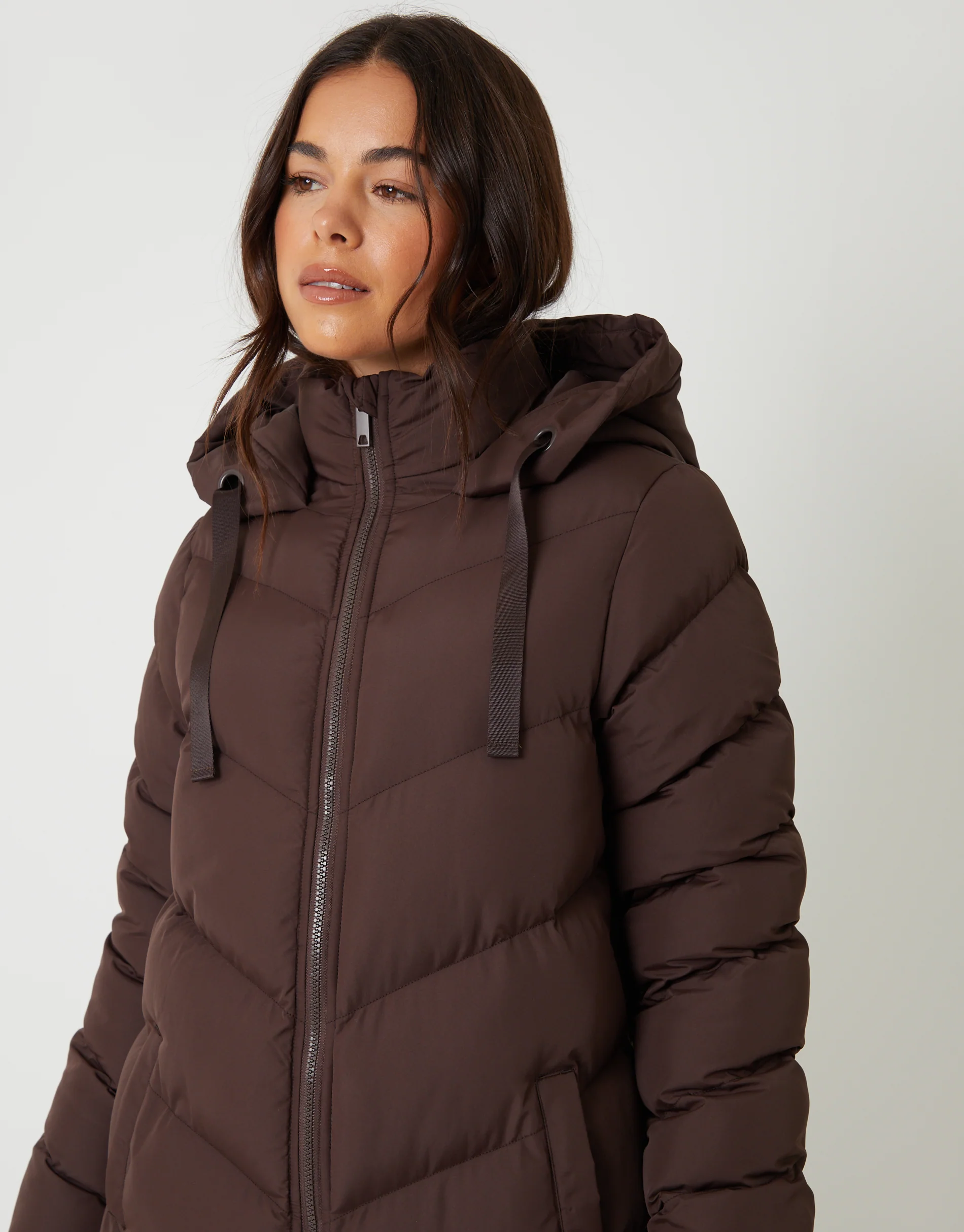 Padded Maxi Coat in Chocolate Brown - Image 4