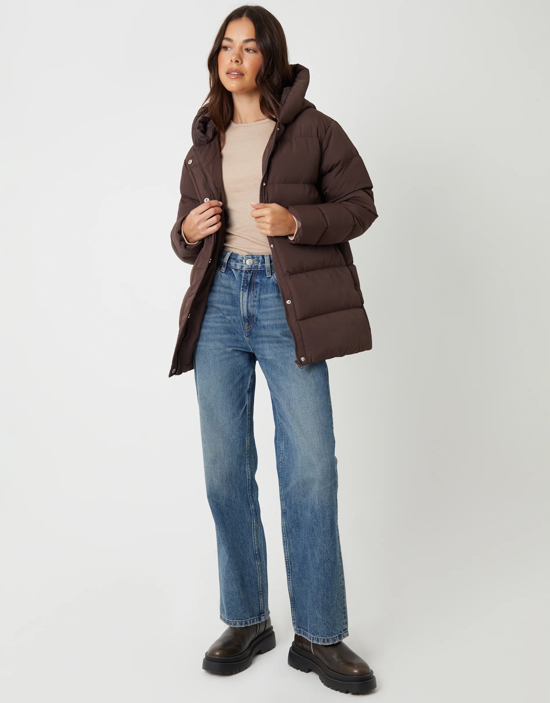 Petite Puffer Jacket in Chocolate Brown - Image 3