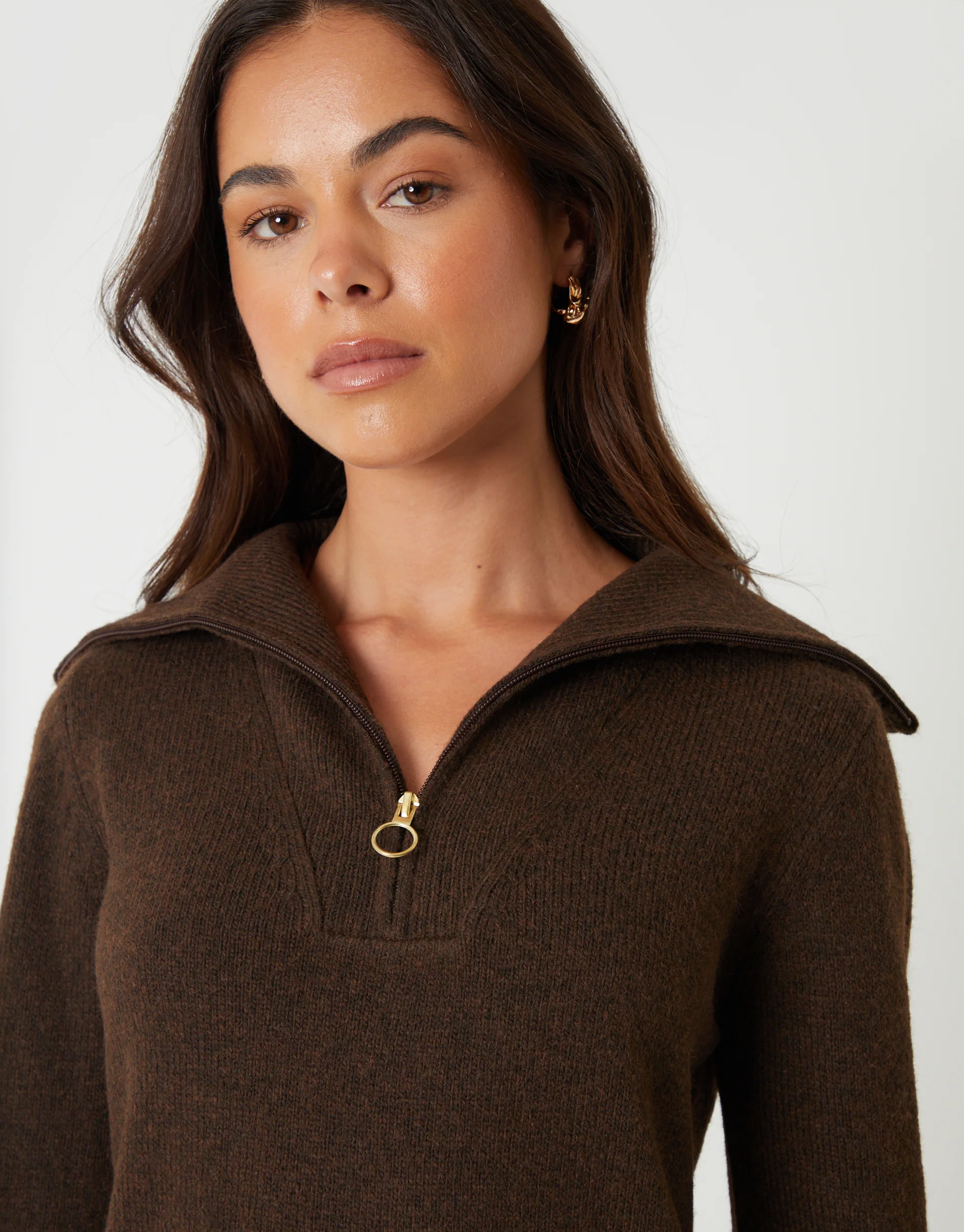 Quarter Zip Brushed Knit Mini Dress in Chocolate Brown - Image 4