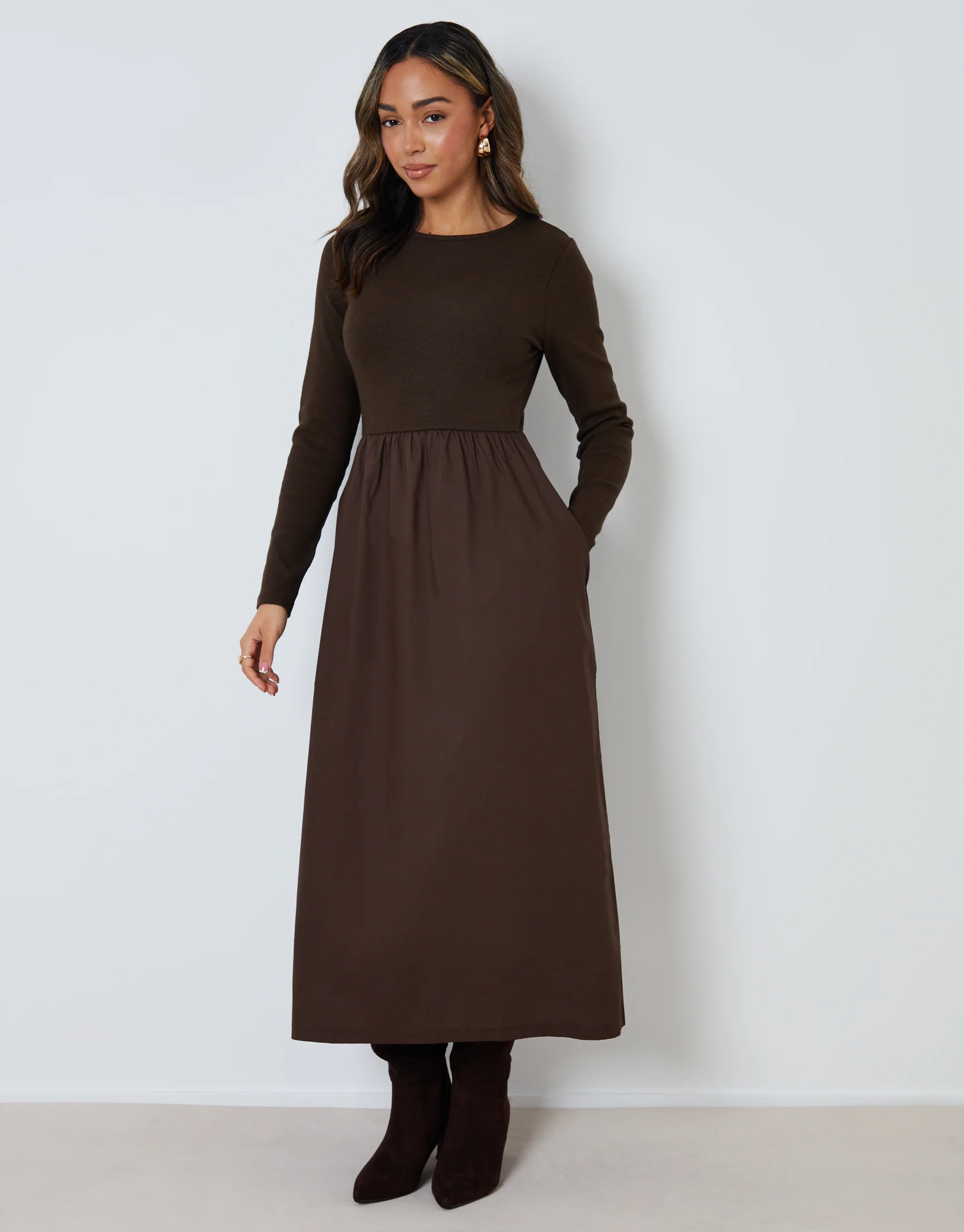Rib Jersey 2-in-1 Midi Dress with Poplin Skirt in Chocolate Brown - Image 3