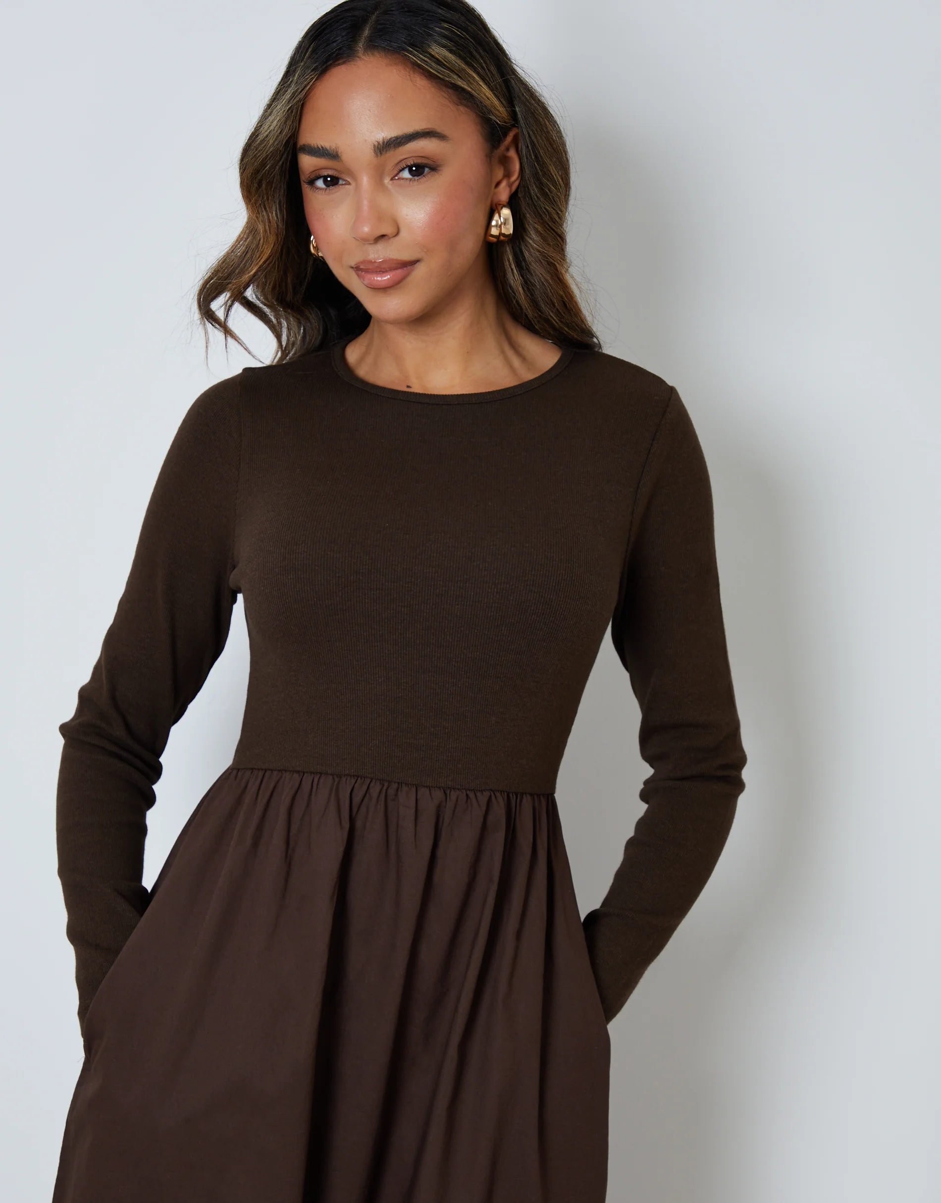 Rib Jersey 2-in-1 Midi Dress with Poplin Skirt in Chocolate Brown - Image 4