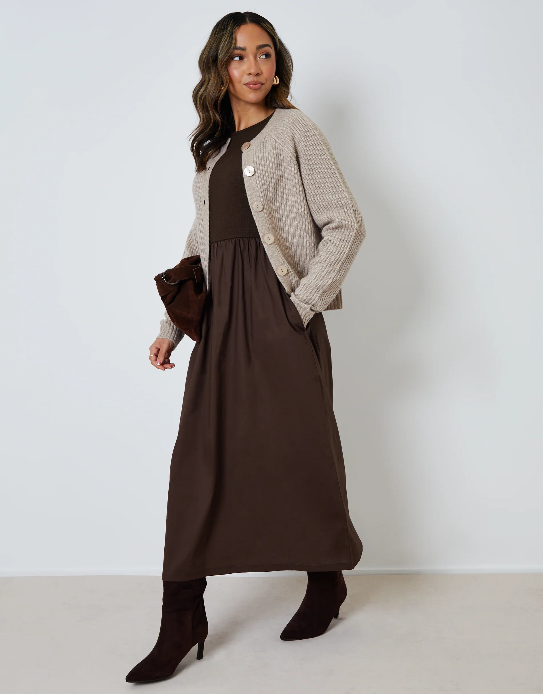 Rib Jersey 2-in-1 Midi Dress with Poplin Skirt in Chocolate Brown - Image 5
