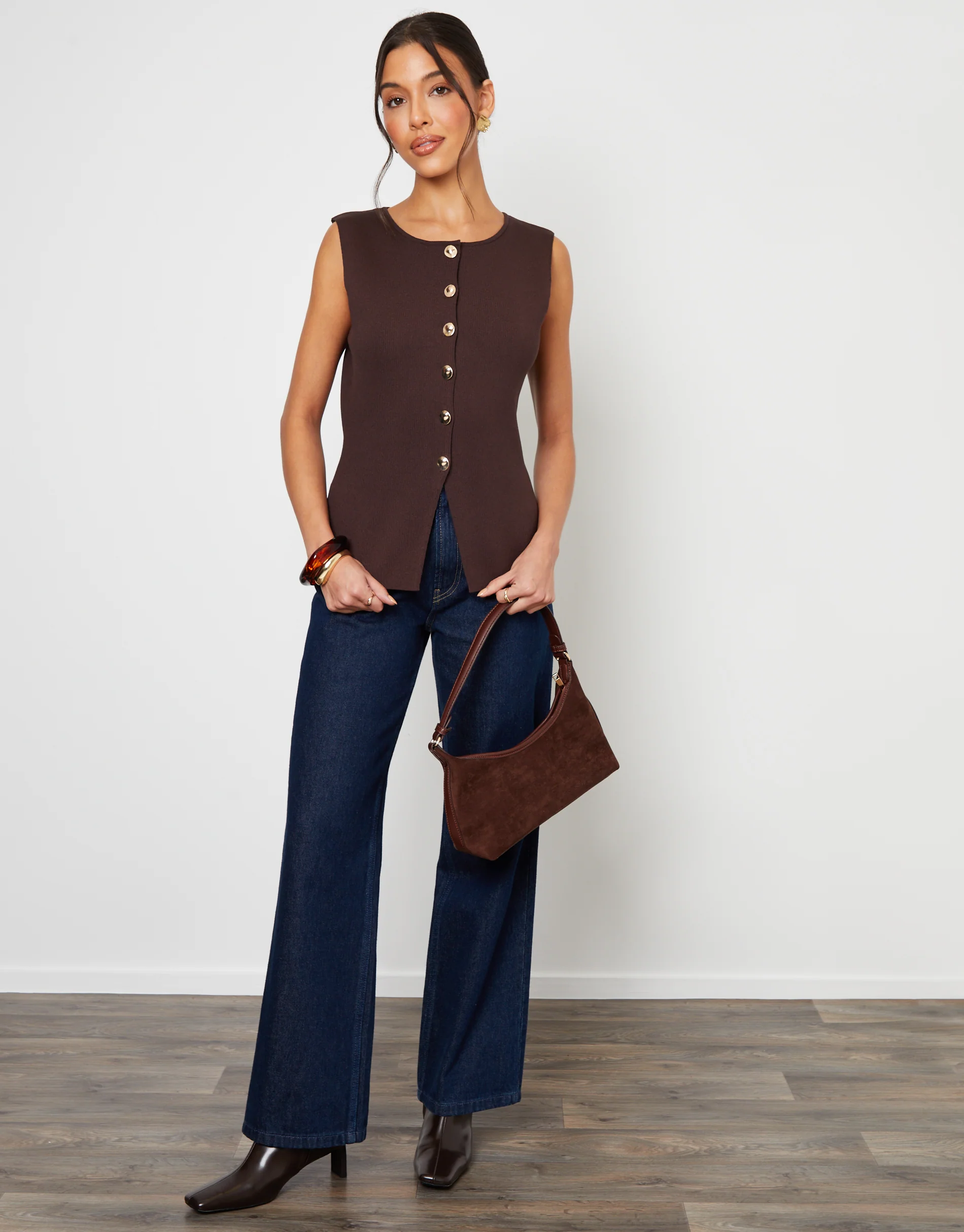 Ribbed Knitted Waistcoat in Chocolate Brown - Image 3