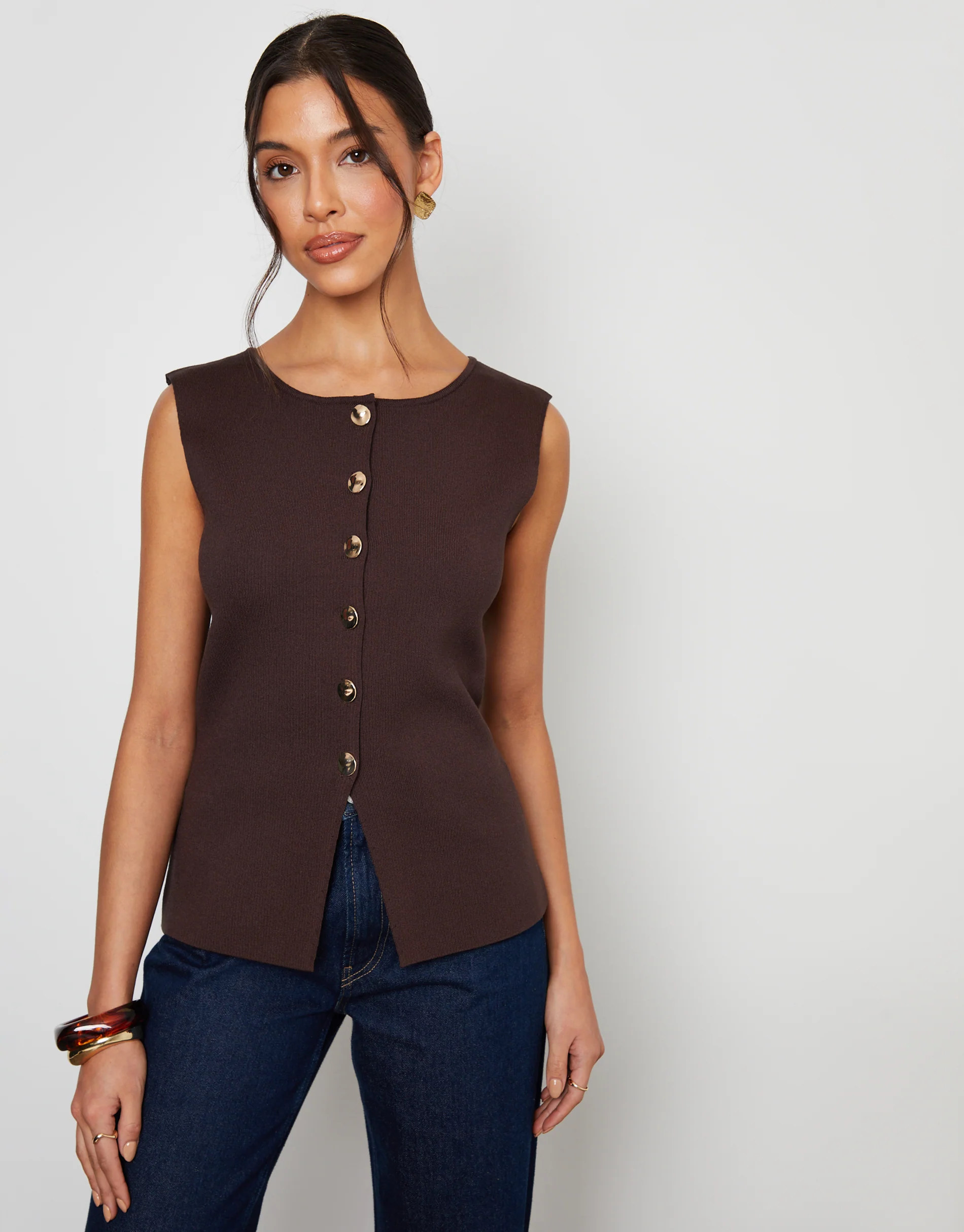 Ribbed Knitted Waistcoat in Chocolate Brown - Image 5