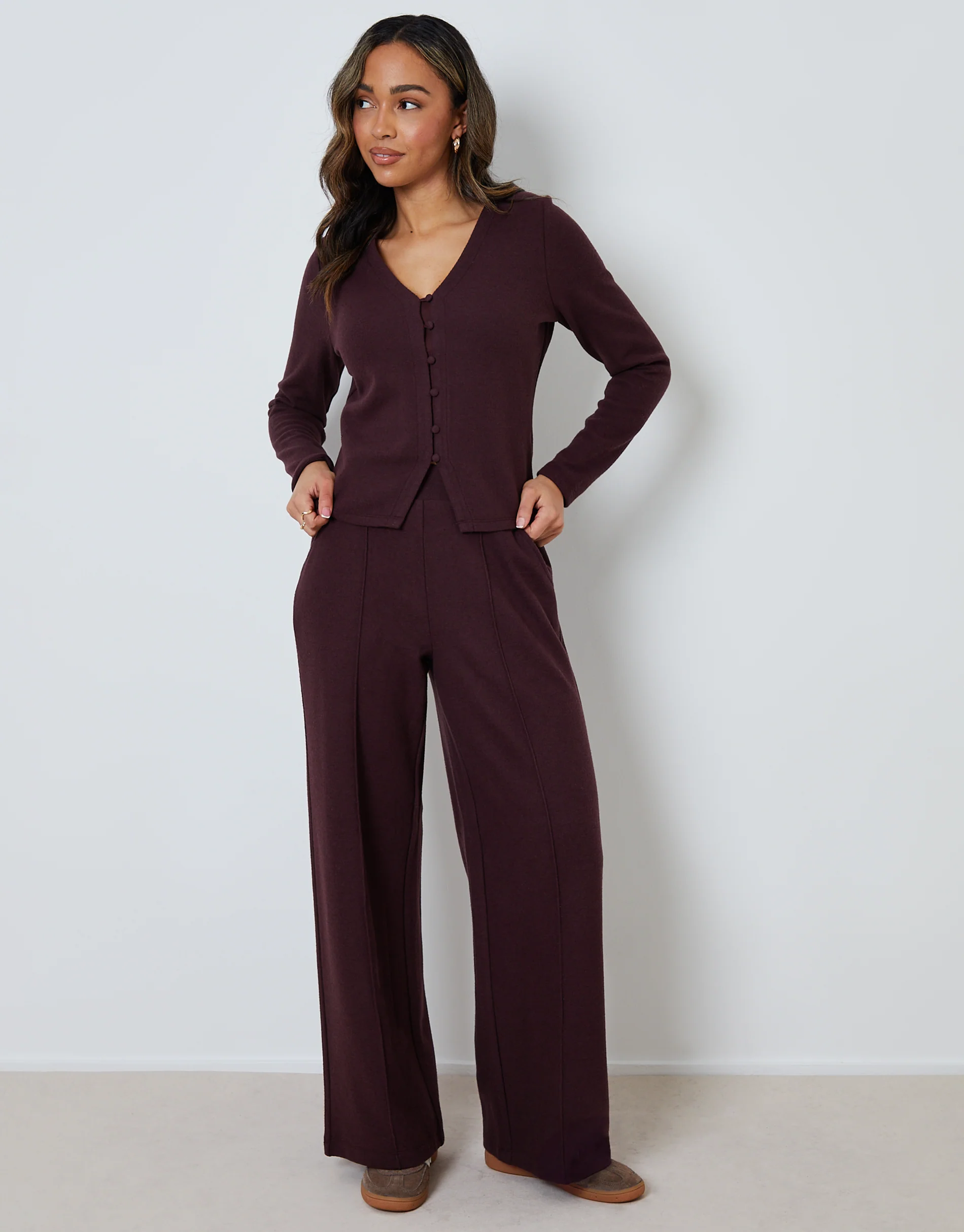 Wide Leg Seam Detail Ribbed Joggers in Chocolate Brown