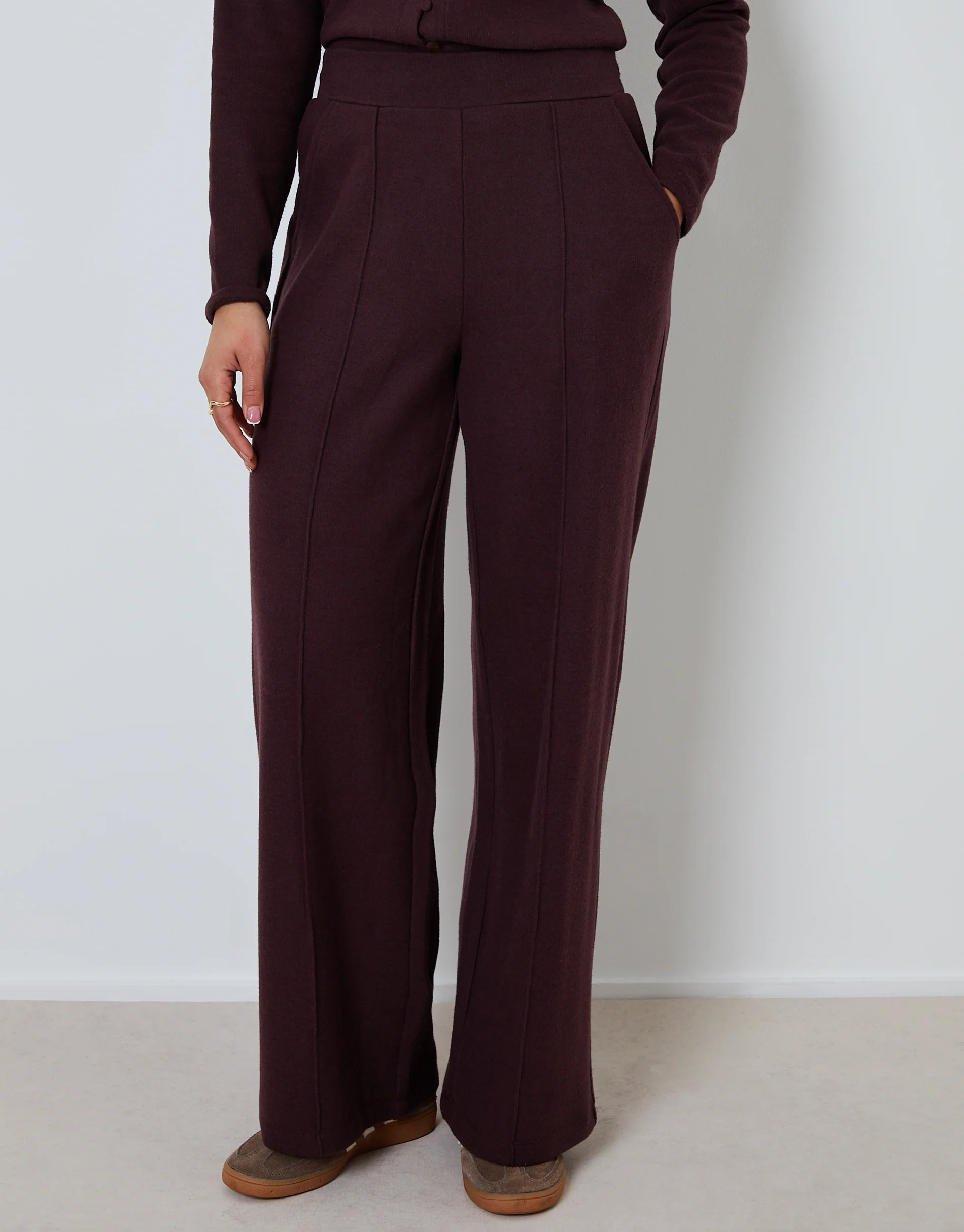 Wide Leg Seam Detail Ribbed Joggers in Chocolate Brown - Image 2