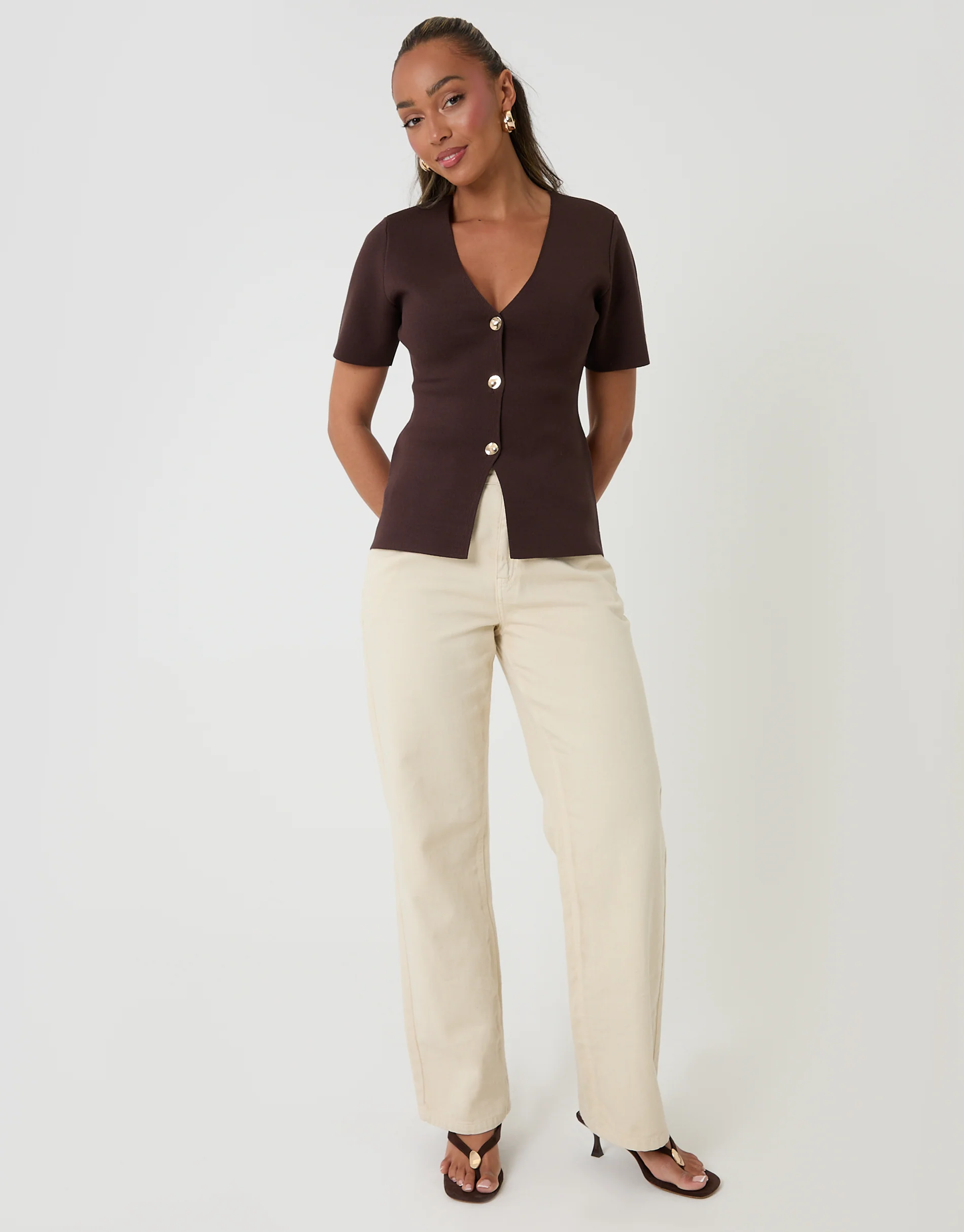 V-Neck Compact Knitted Top in Chocolate Brown - Image 4