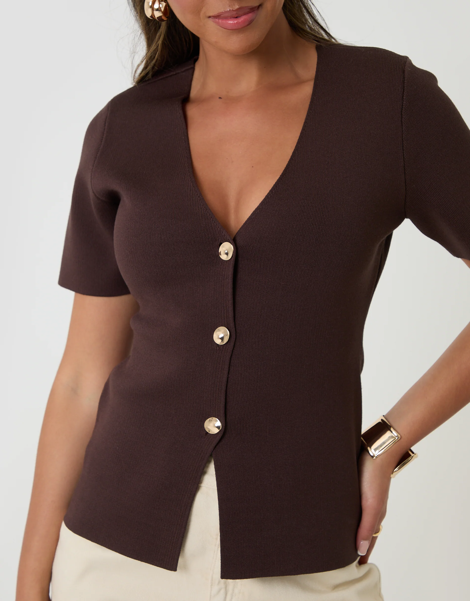 V-Neck Compact Knitted Top in Chocolate Brown - Image 5