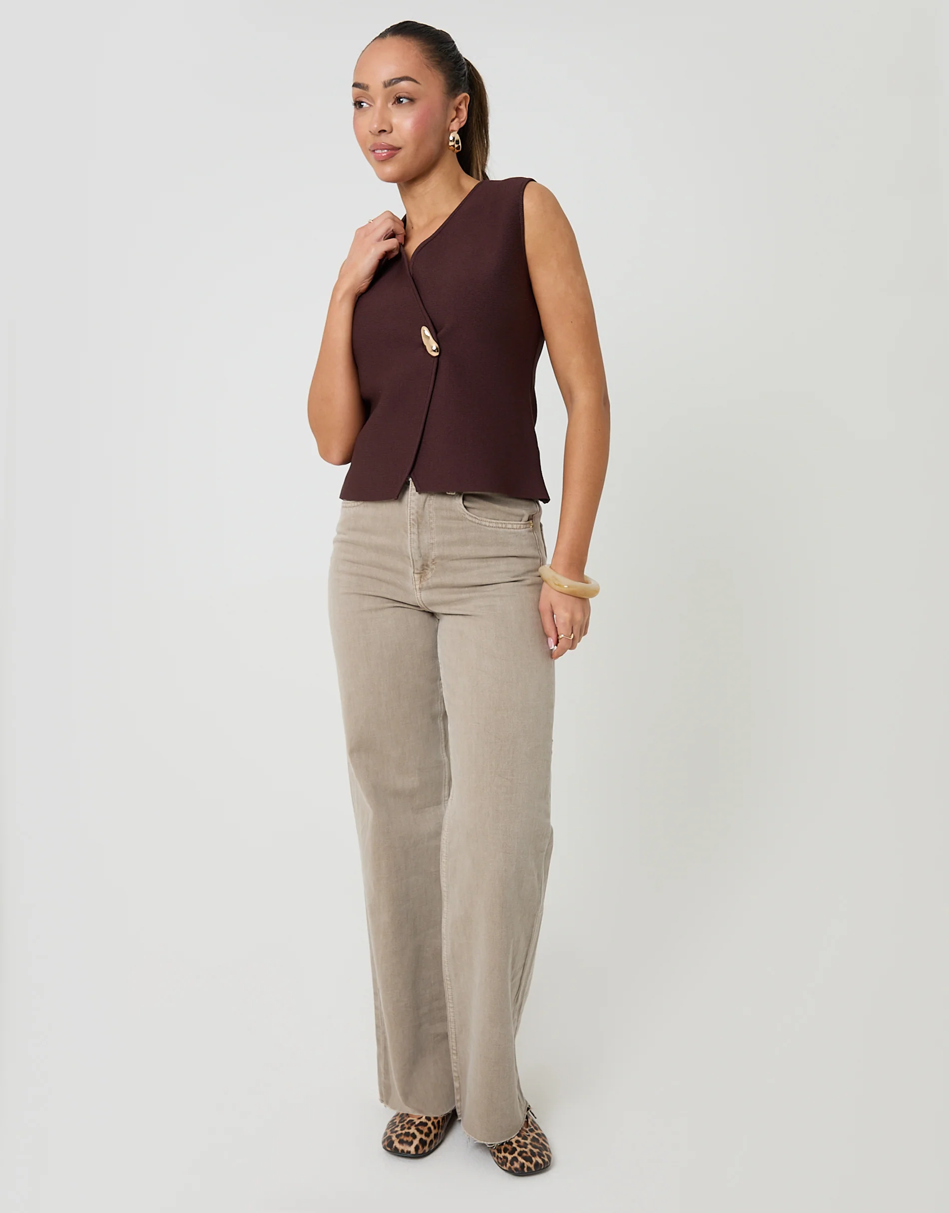 V-Neck Knitted Wrap Waistcoat in Chocolate Brown - Image 3