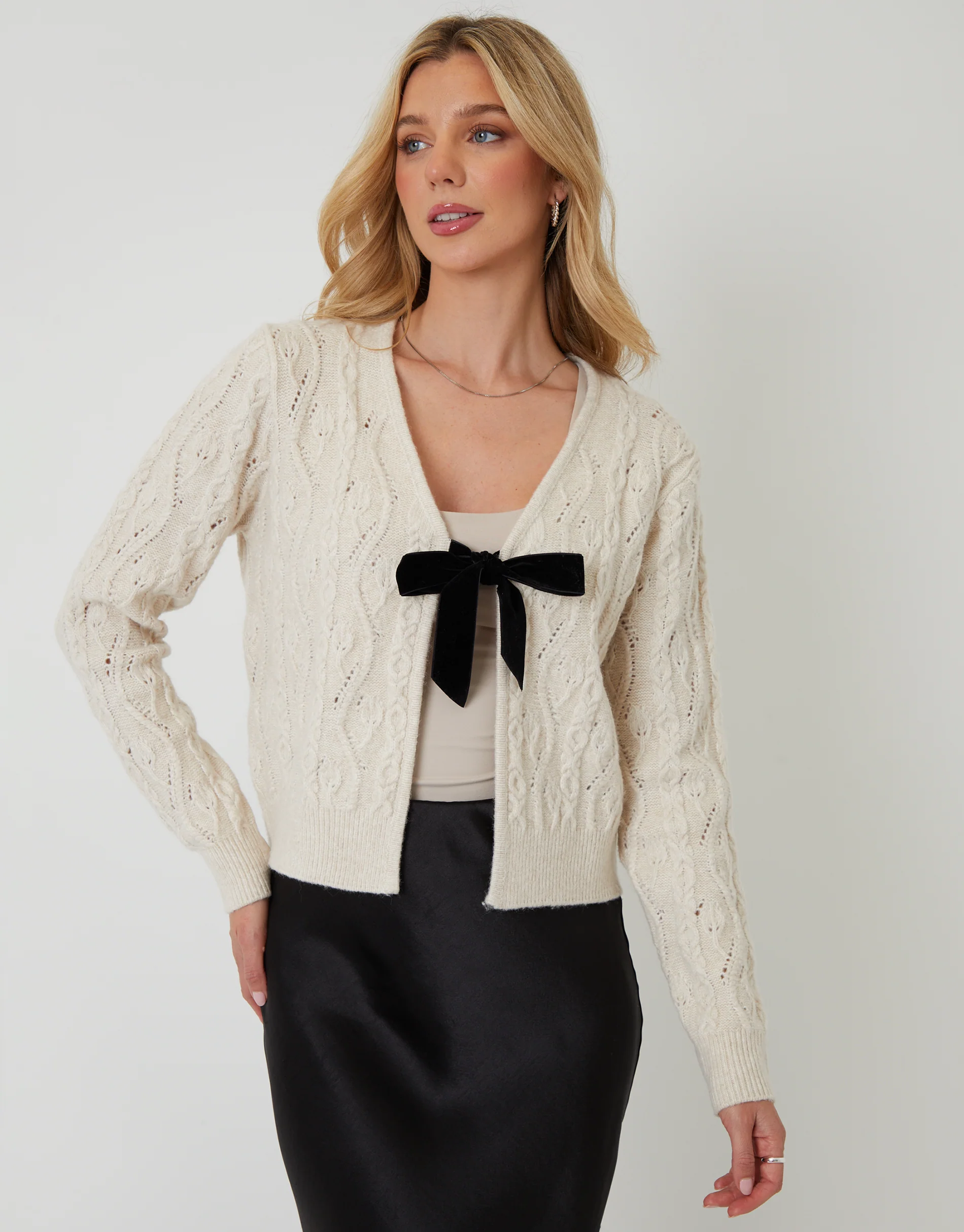 Cable Knit Velvet Bow Detail Cardigan in Cream - Image 2