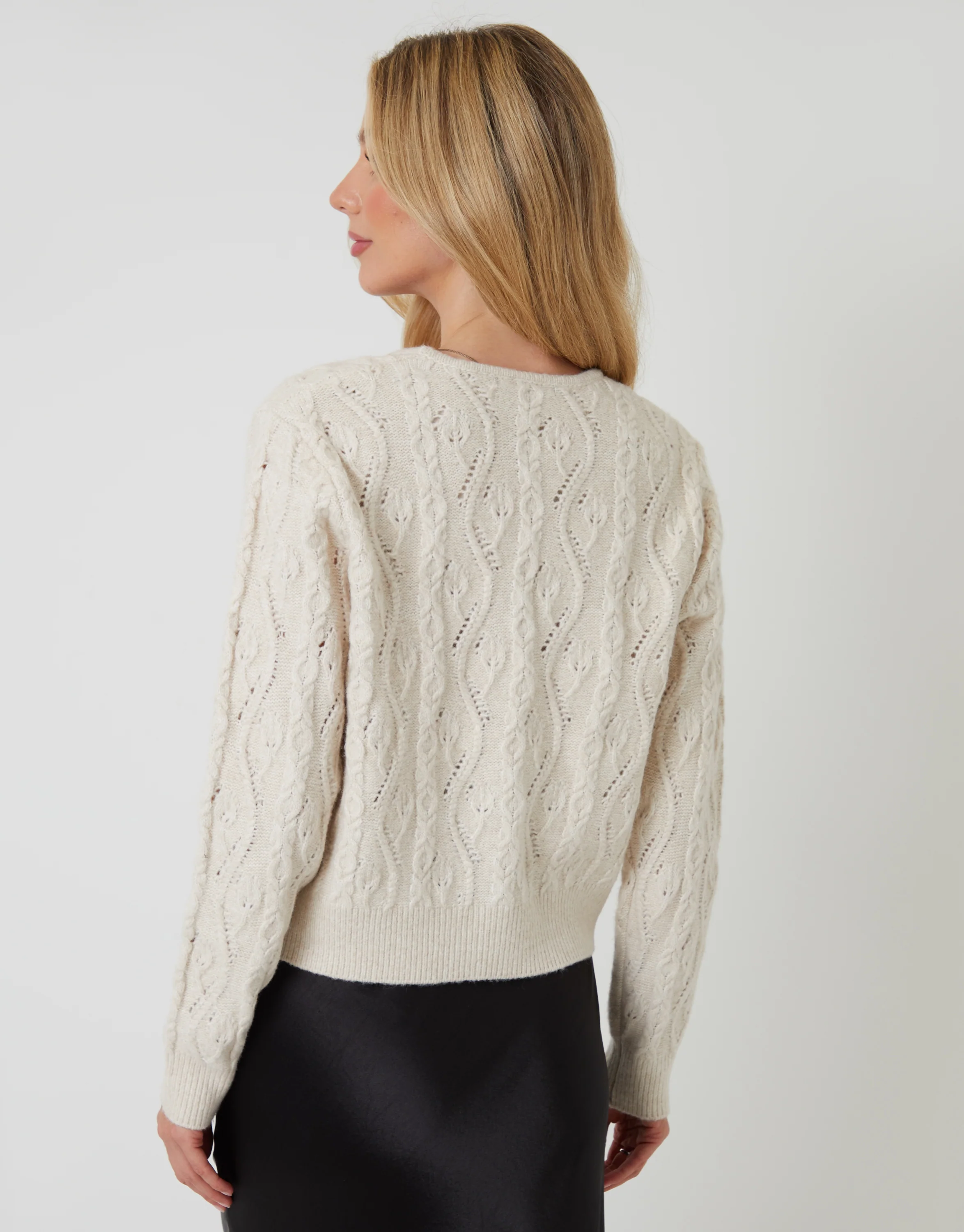 Cable Knit Velvet Bow Detail Cardigan in Cream - Image 3