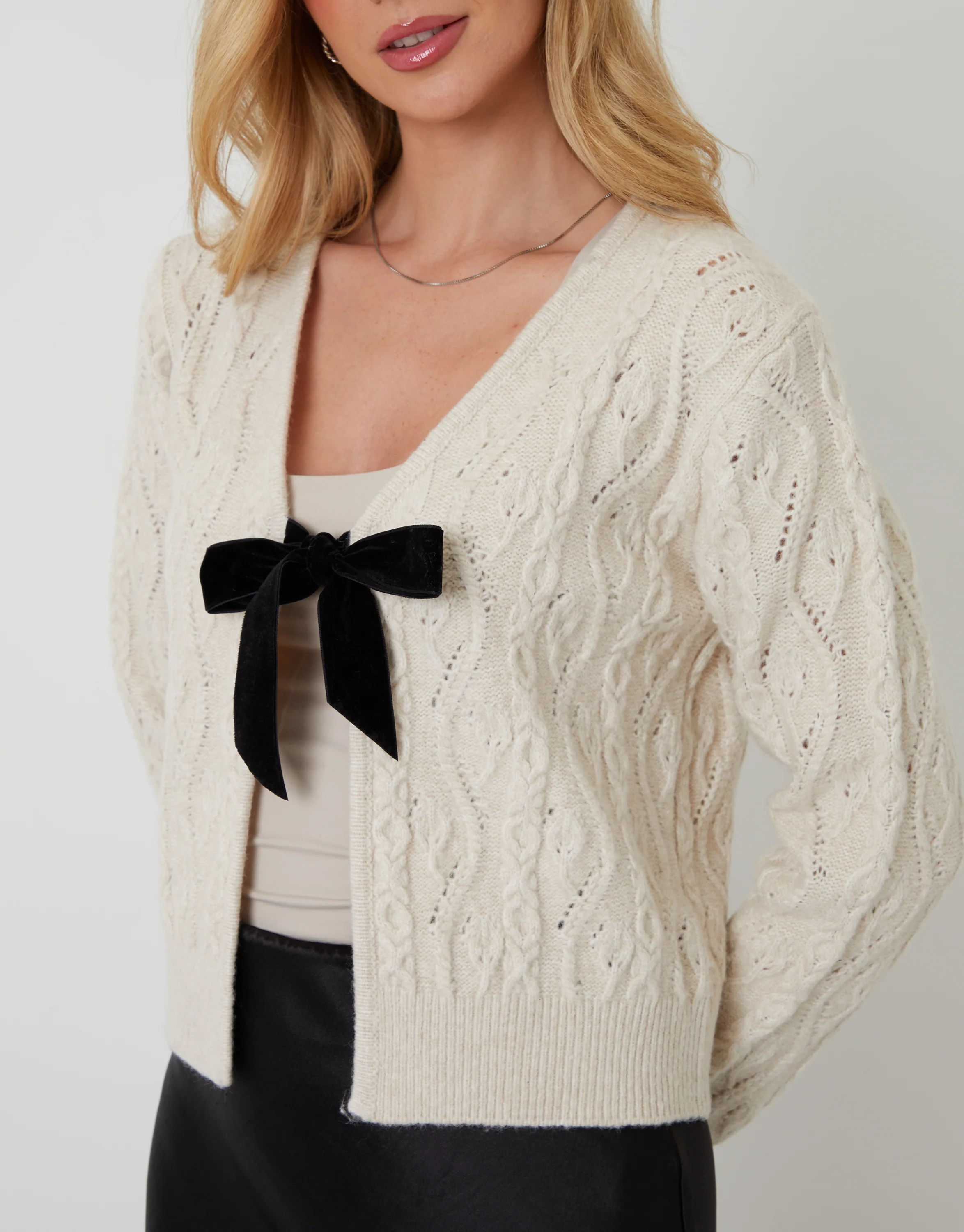 Cable Knit Velvet Bow Detail Cardigan in Cream - Image 5