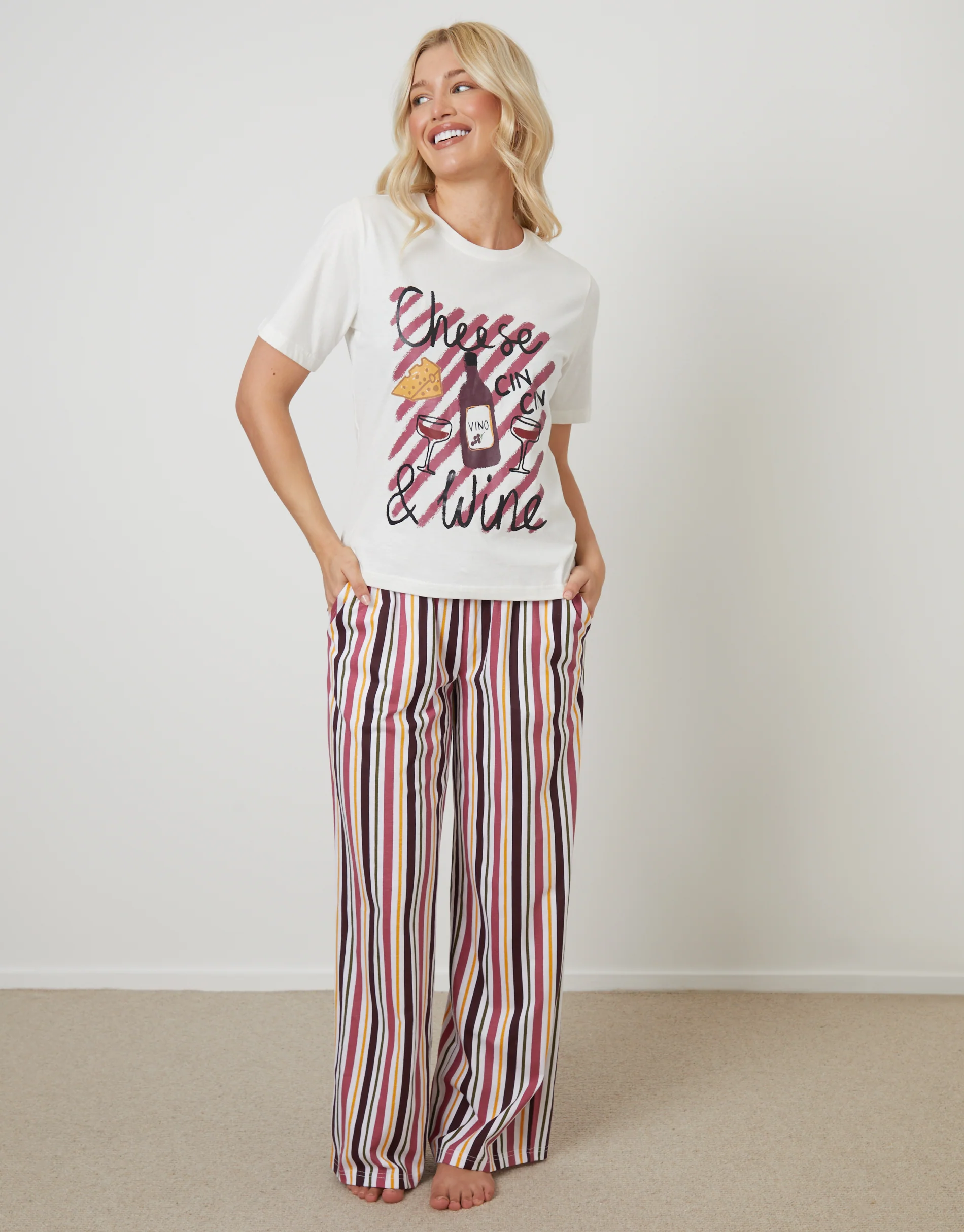 Cheese & Wine Red Graphic Print Pyjamas Set in Cream