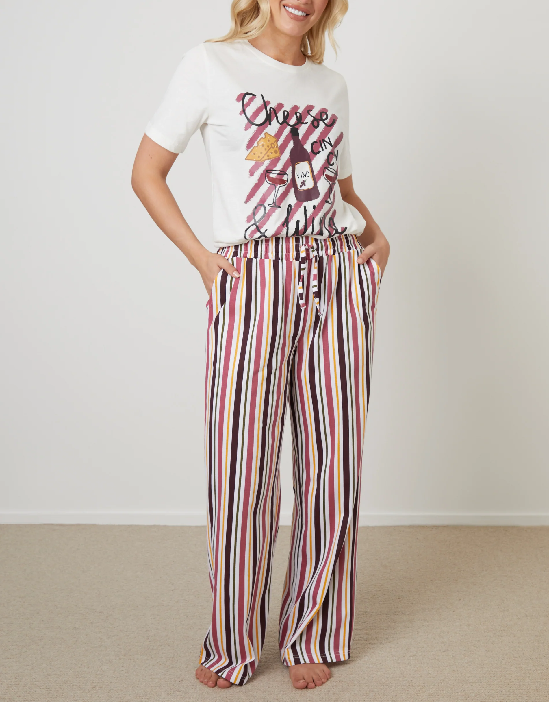 Cheese & Wine Red Graphic Print Pyjamas Set in Cream - Image 4