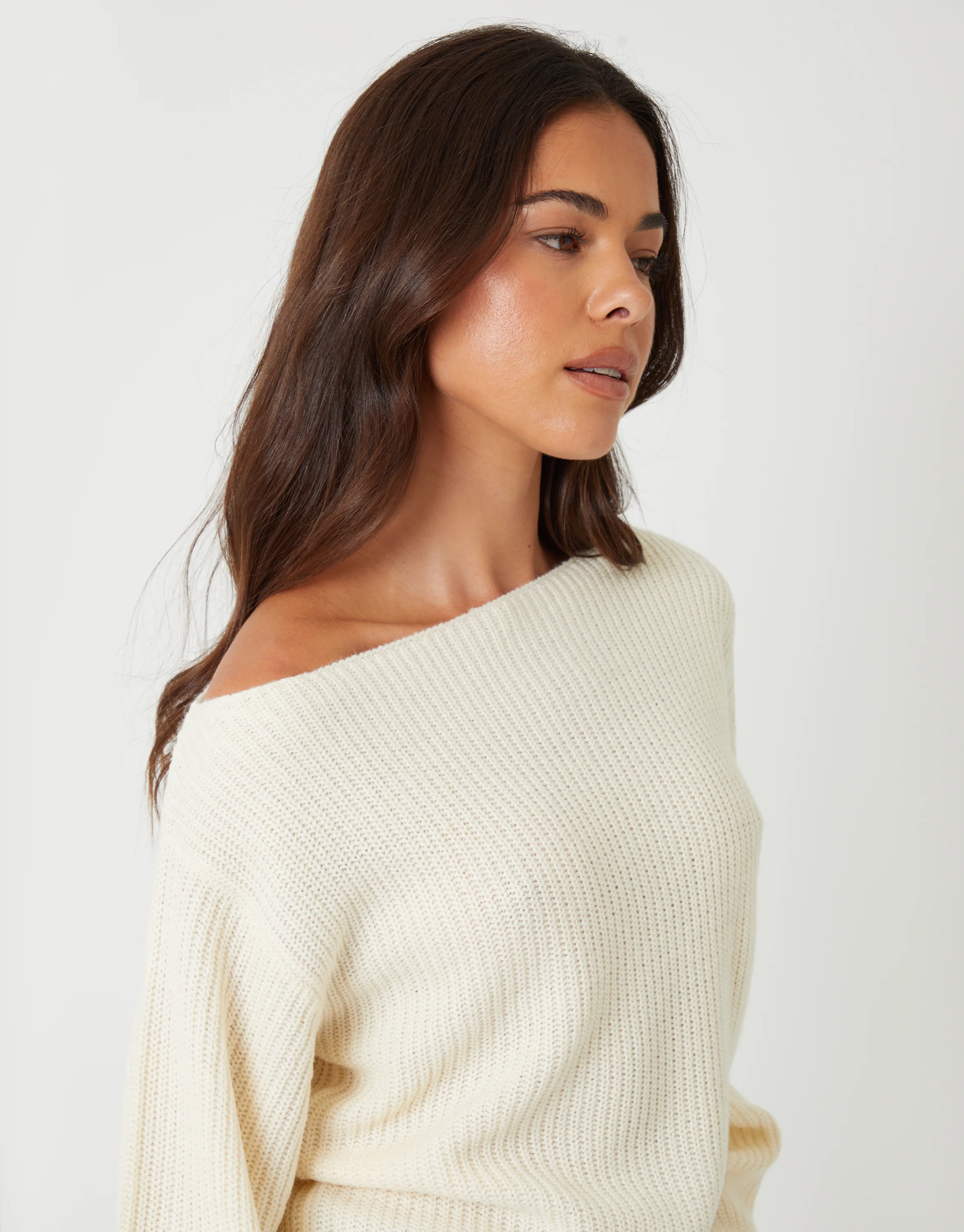 Chunky Knit Slash Neck Jumper in Cream - Image 4