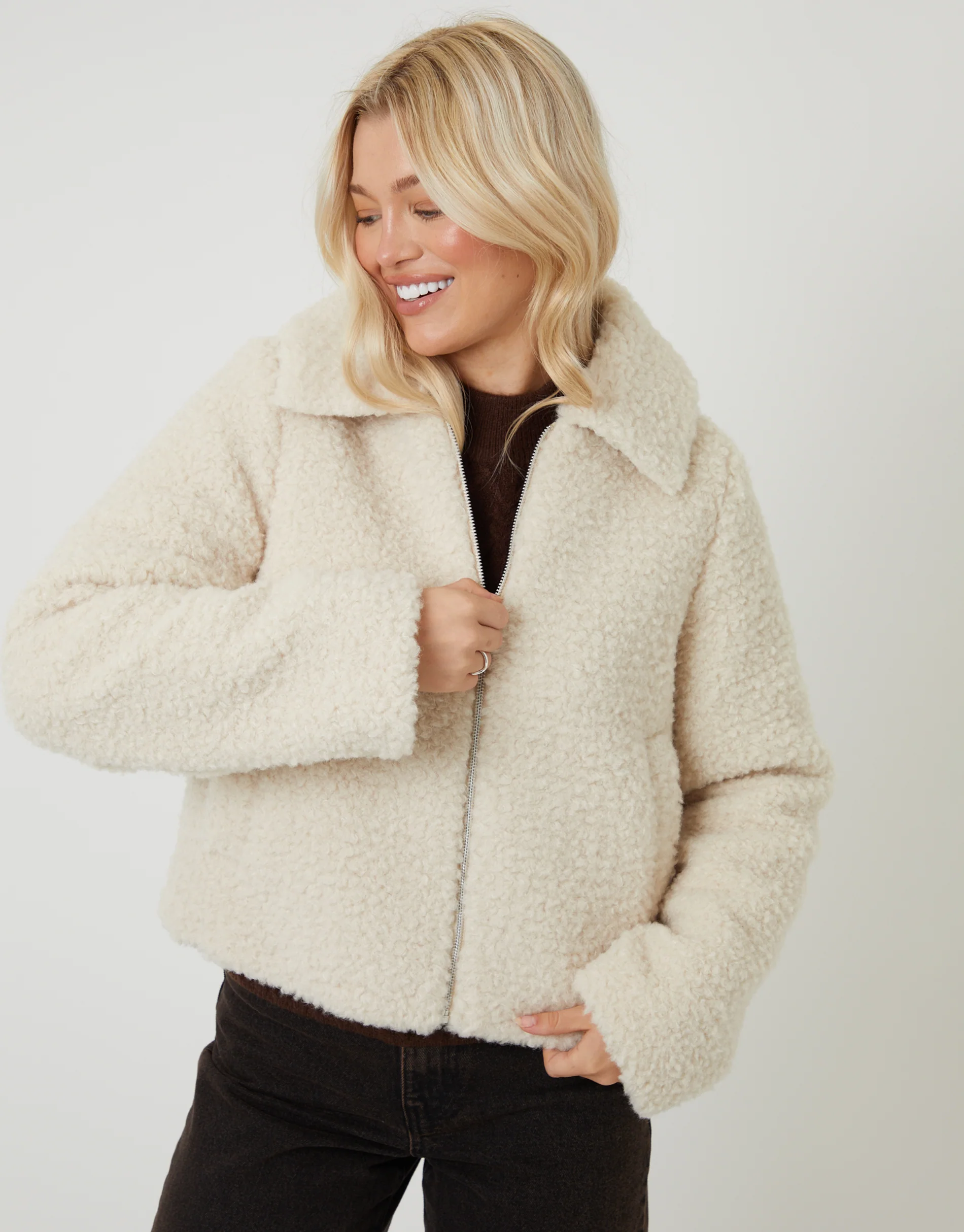 Collared Zip Up Borg Bomber Jacket in Cream - Image 3
