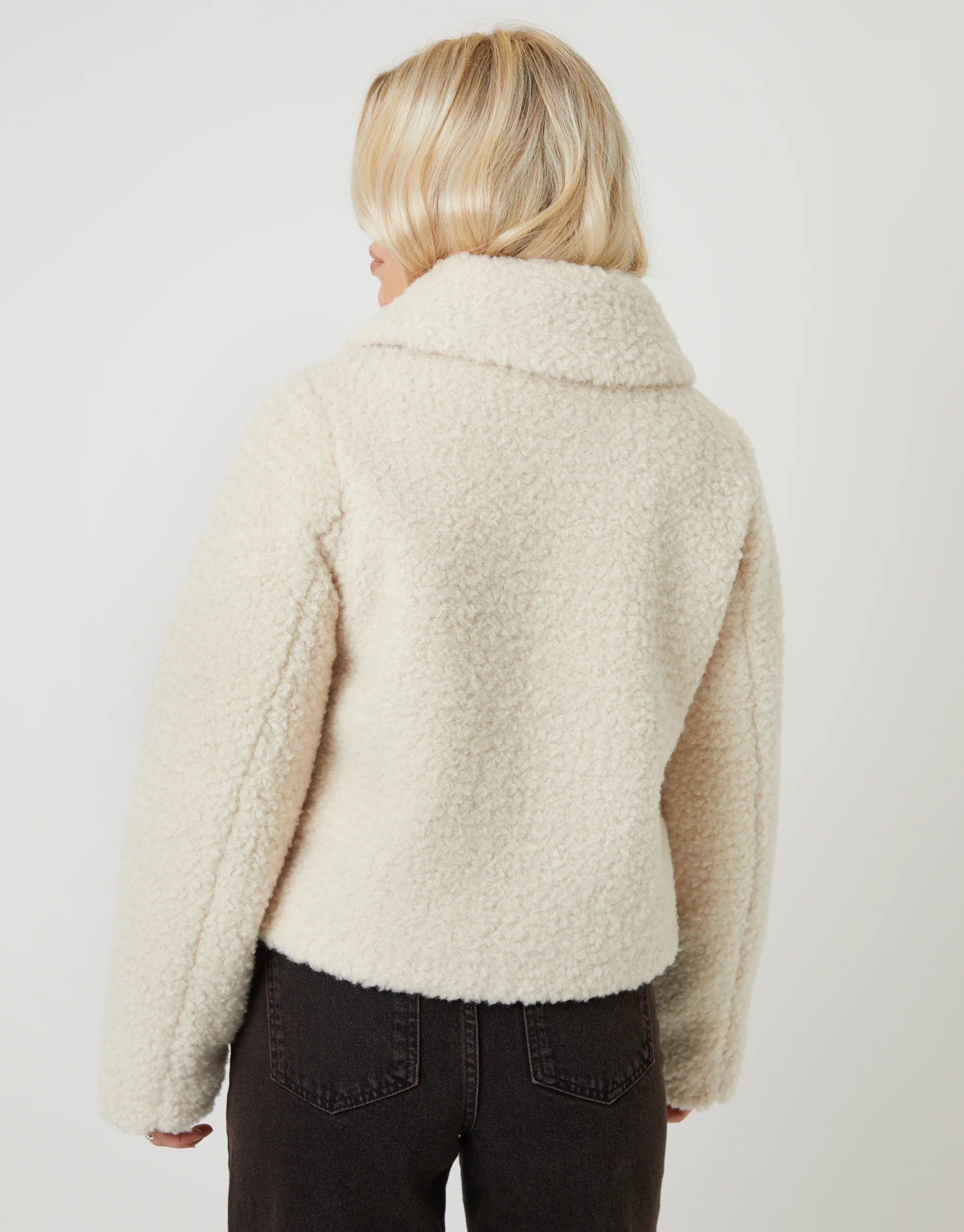 Collared Zip Up Borg Bomber Jacket in Cream - Image 4