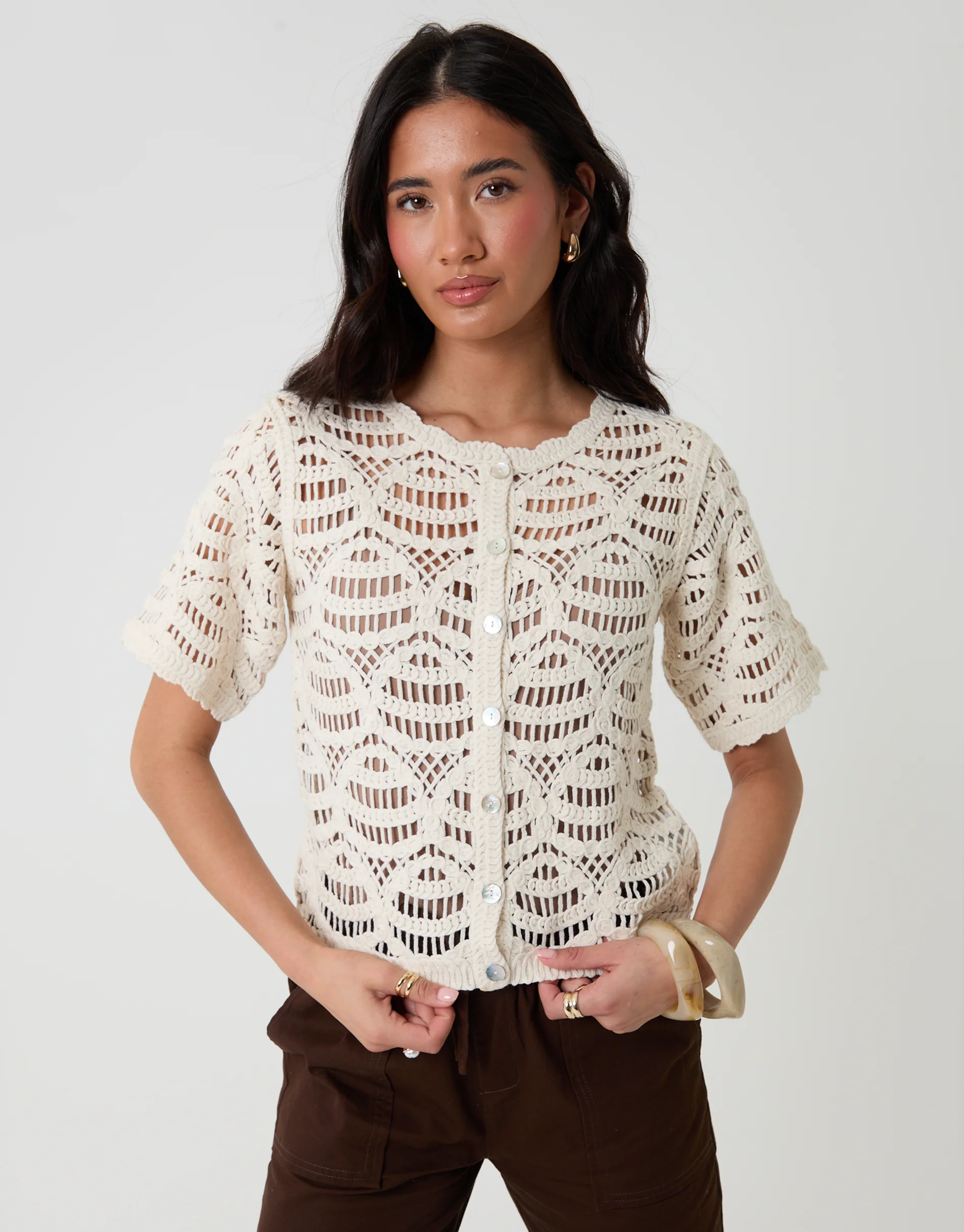 Crochet Button Up Top in Cream - Image 4
