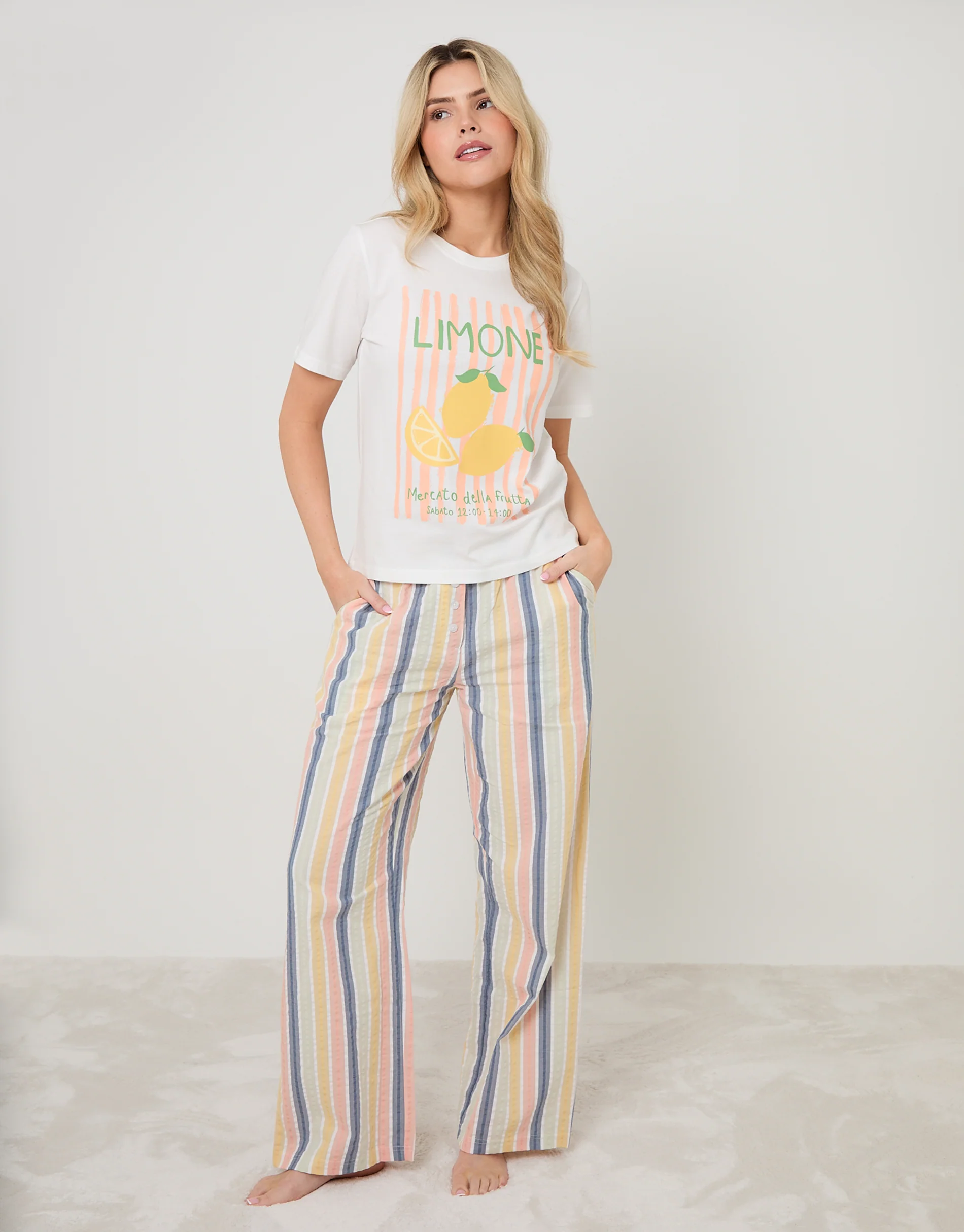 Lemonade Graphic Print Cotton Pyjama Set in Cream