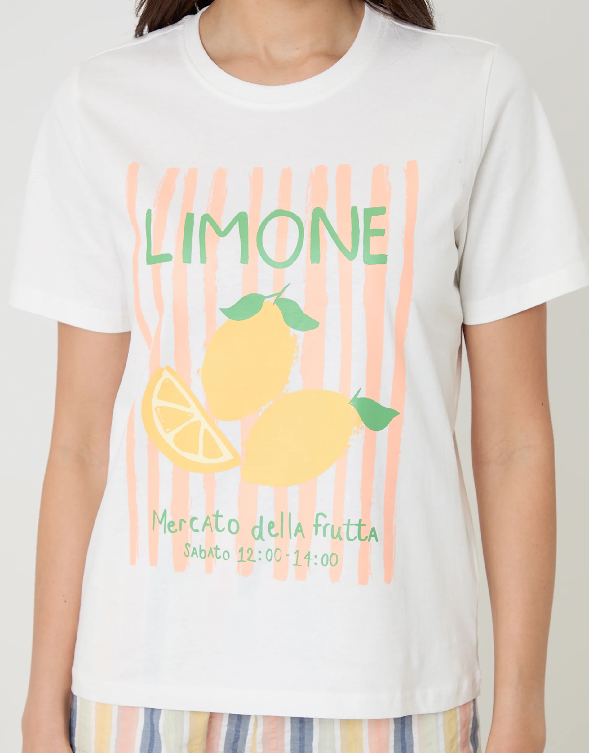Lemonade Graphic Print Short Cotton Pyjama Set in Cream Stripe - Image 4
