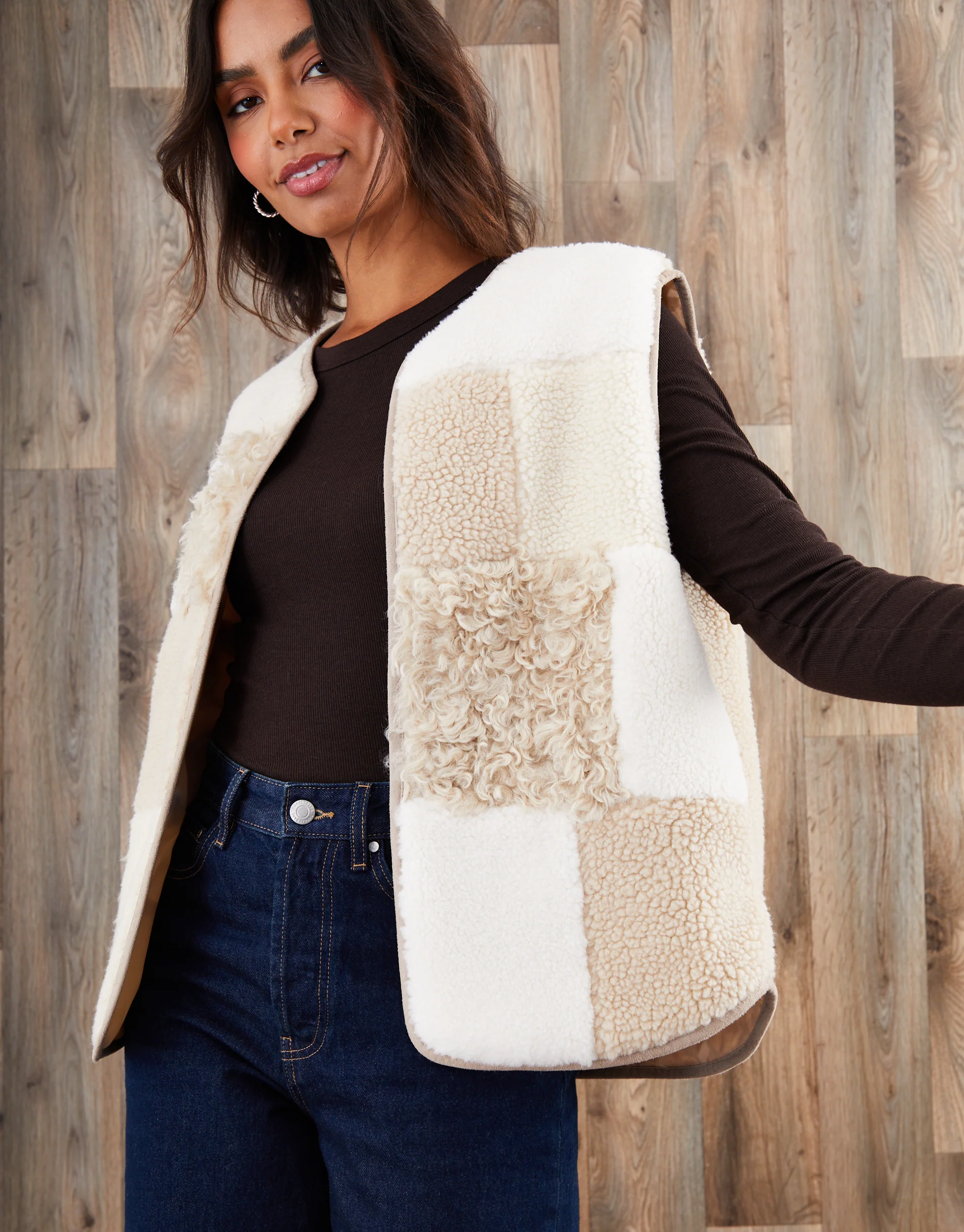 Patchwork Borg Gilet in Cream Check