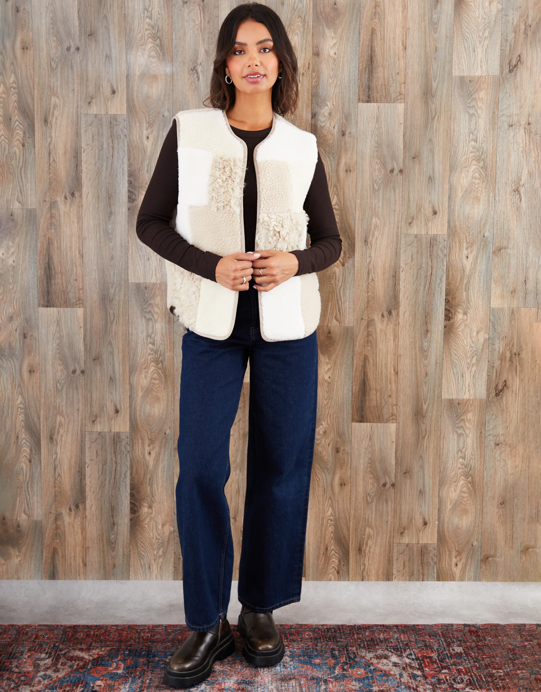 Patchwork Borg Gilet in Cream Check - Image 4