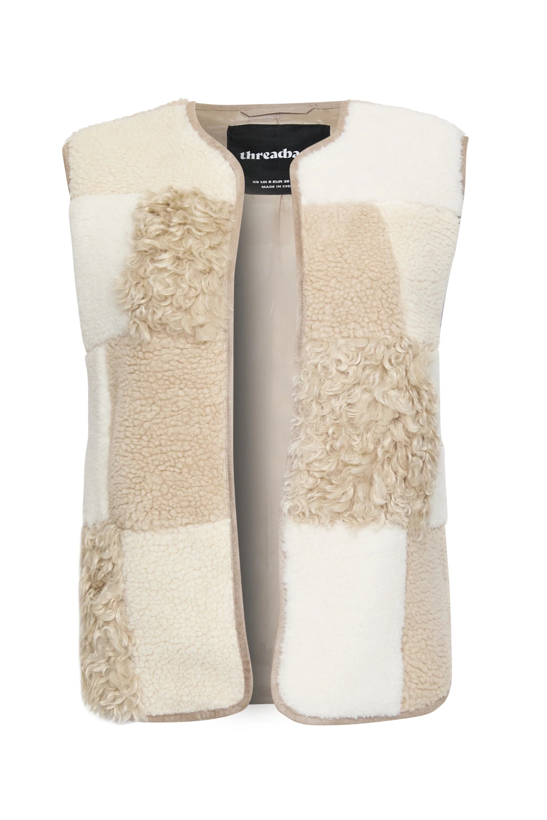 Patchwork Borg Gilet in Cream Check - Image 5