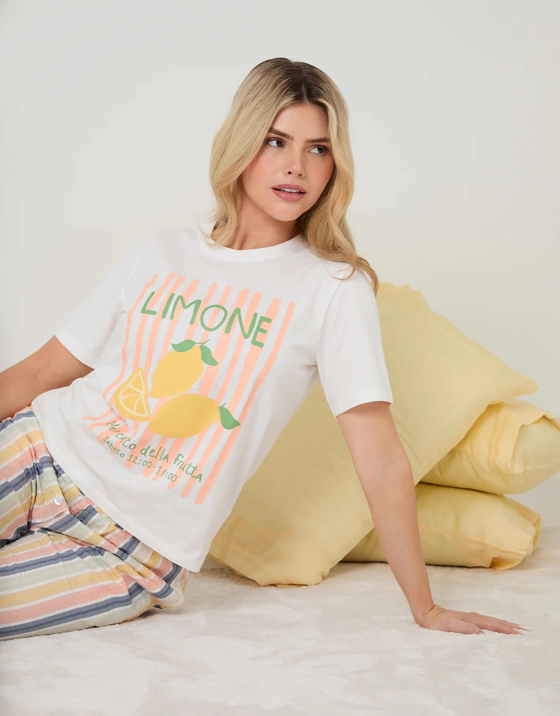 Petite Lemonade Graphic Print Cotton Pyjama Set in Cream