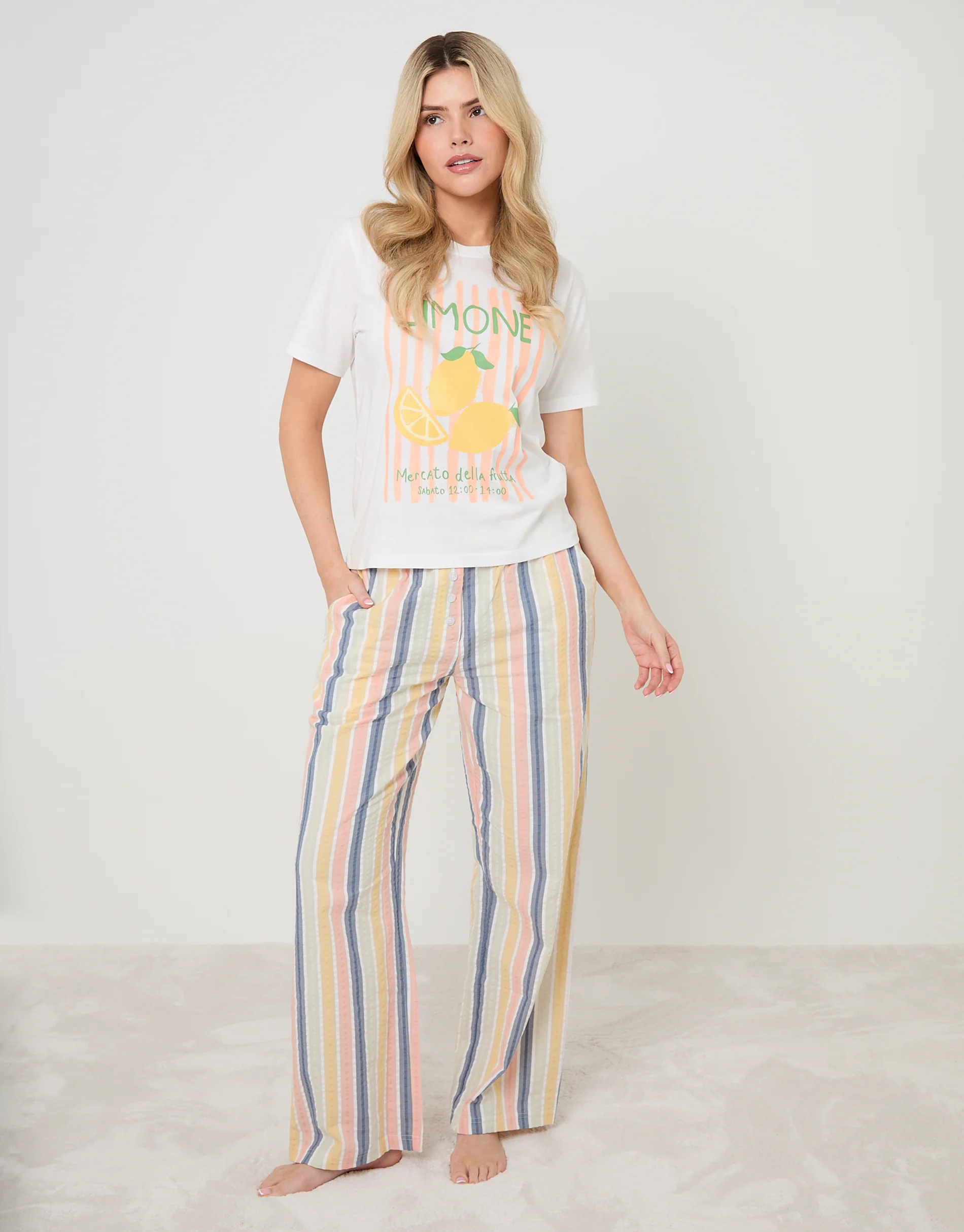 Petite Lemonade Graphic Print Cotton Pyjama Set in Cream - Image 3