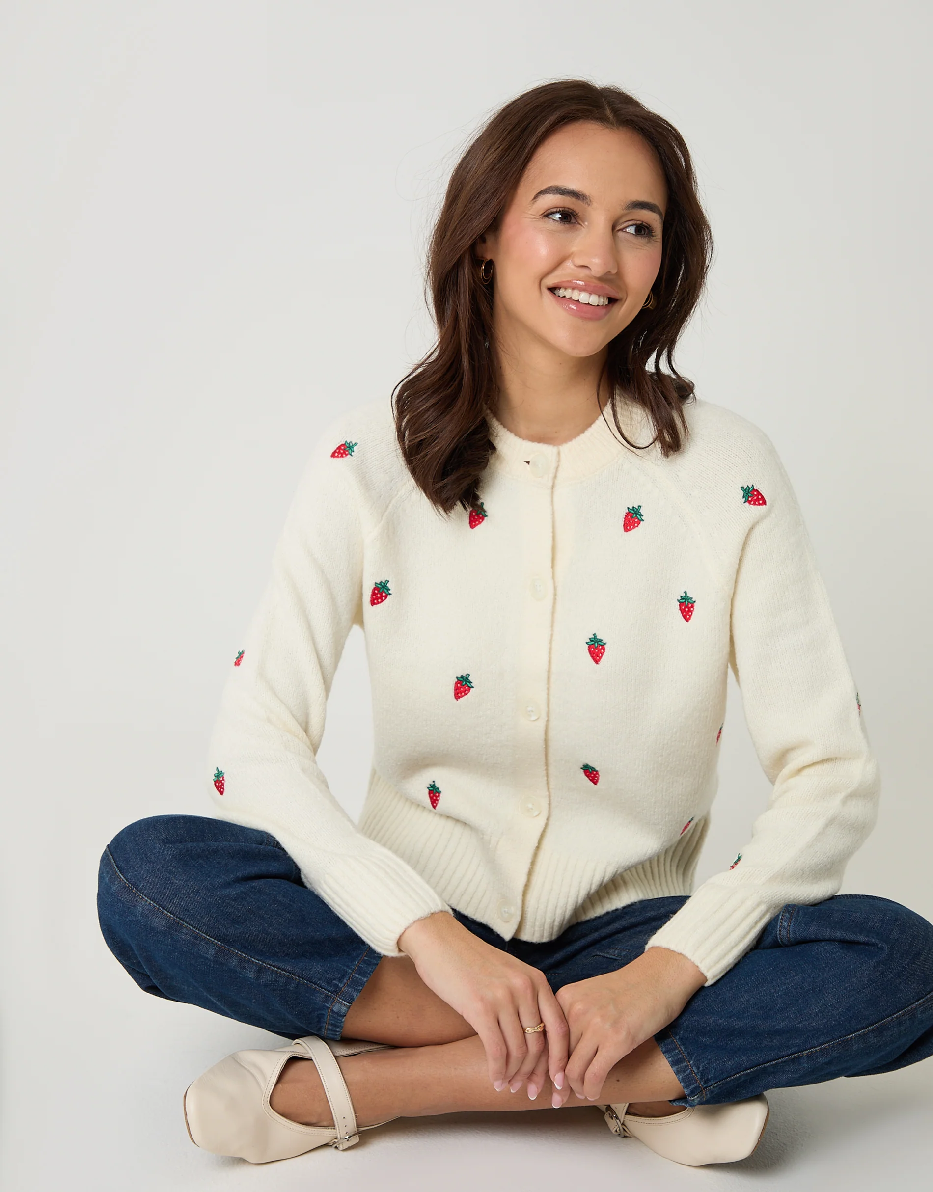 Strawberry Embroidery Crew Neck Cardigan in Cream