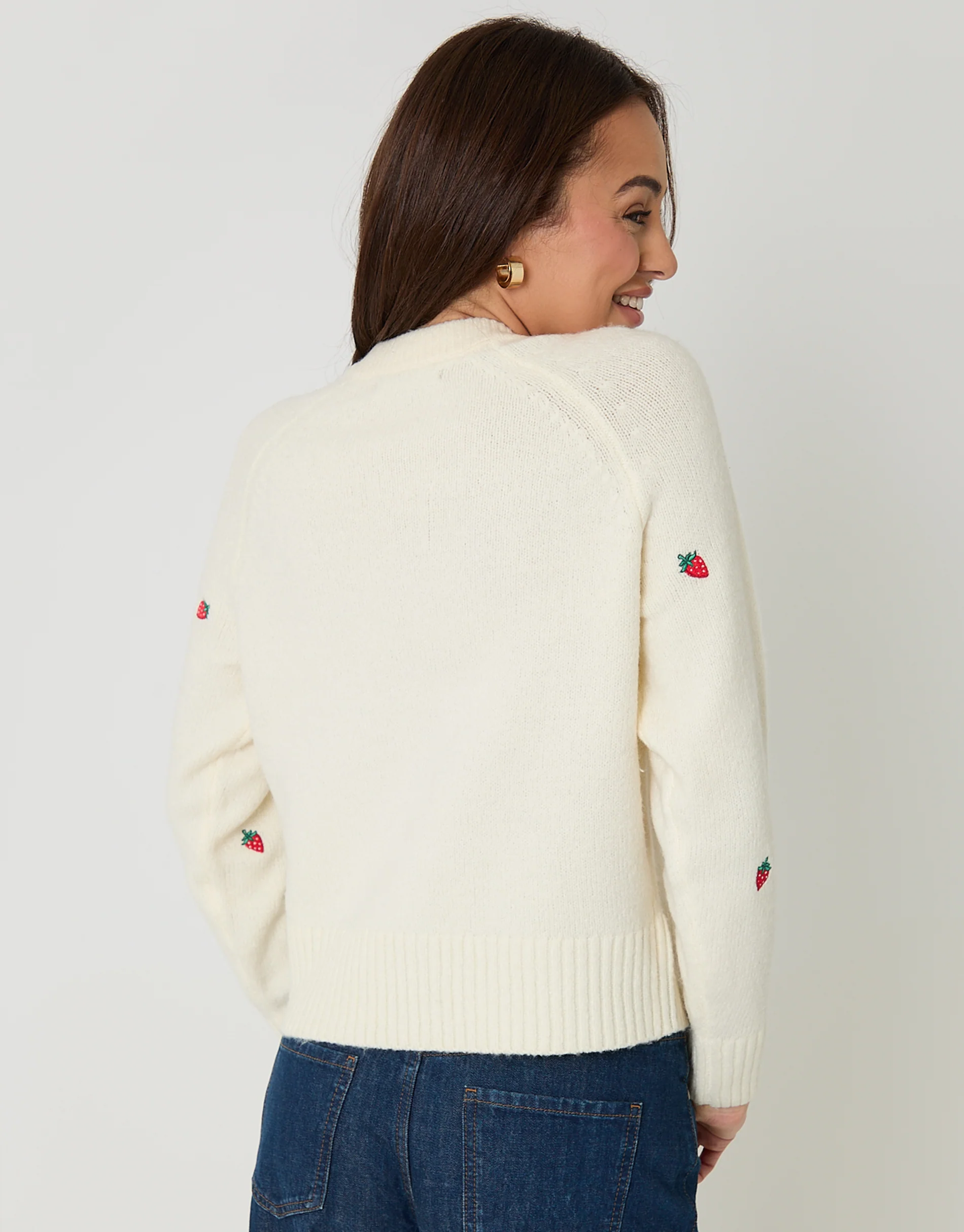 Strawberry Embroidery Crew Neck Cardigan in Cream - Image 2