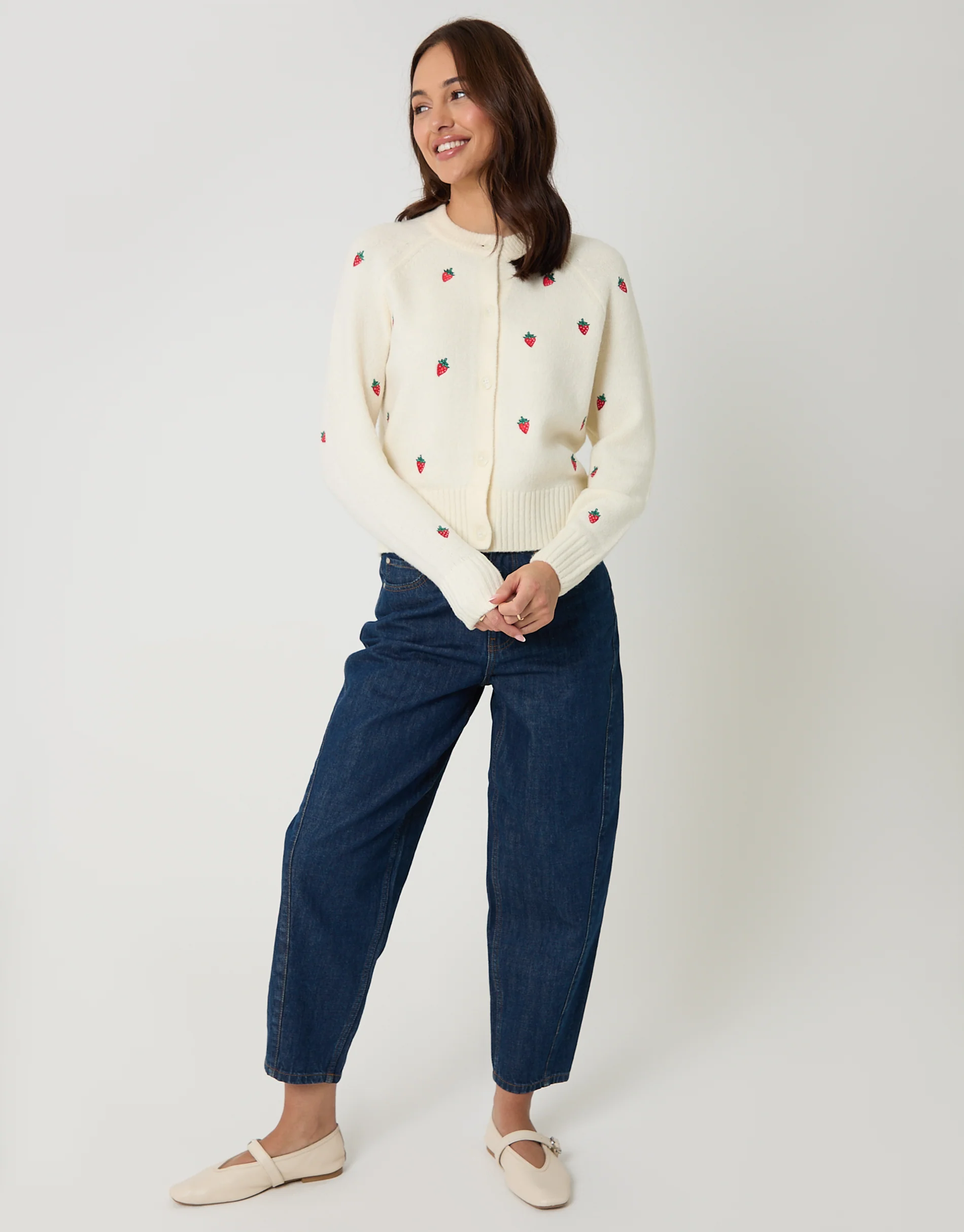 Strawberry Embroidery Crew Neck Cardigan in Cream - Image 3