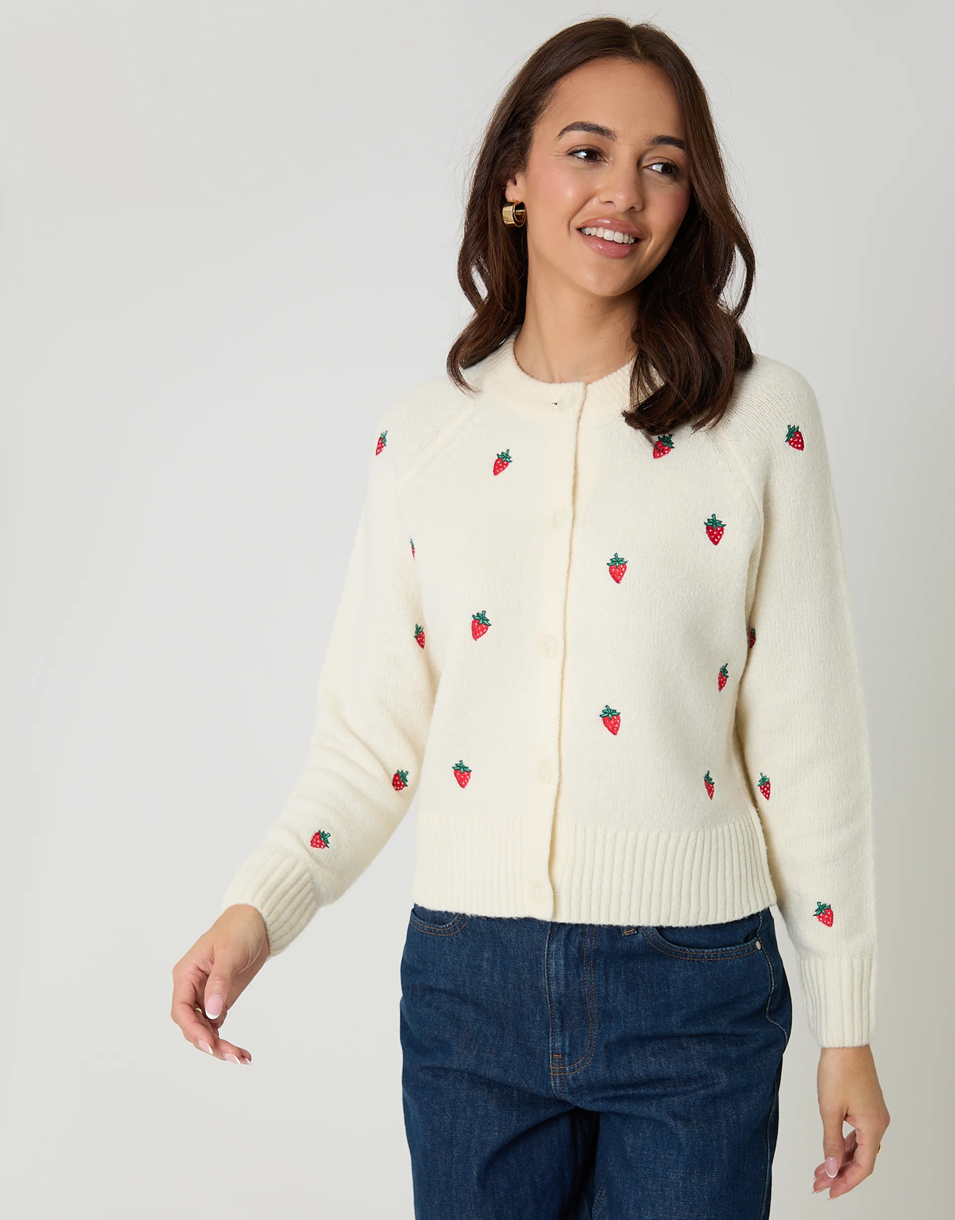 Strawberry Embroidery Crew Neck Cardigan in Cream - Image 4