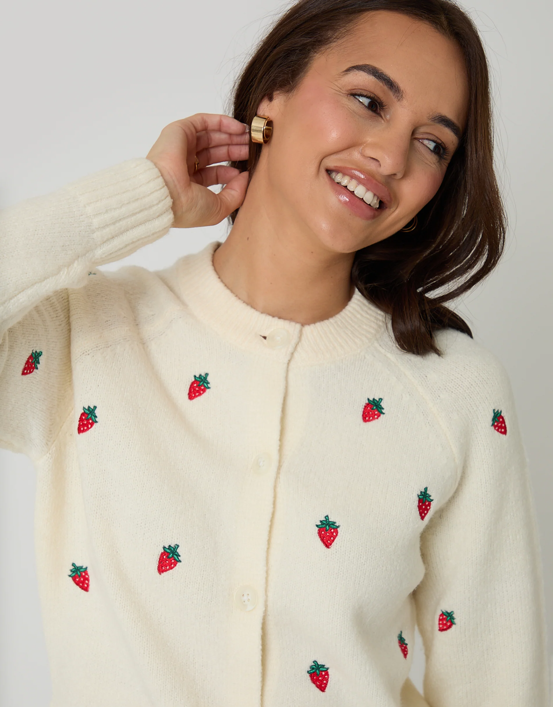 Strawberry Embroidery Crew Neck Cardigan in Cream - Image 5