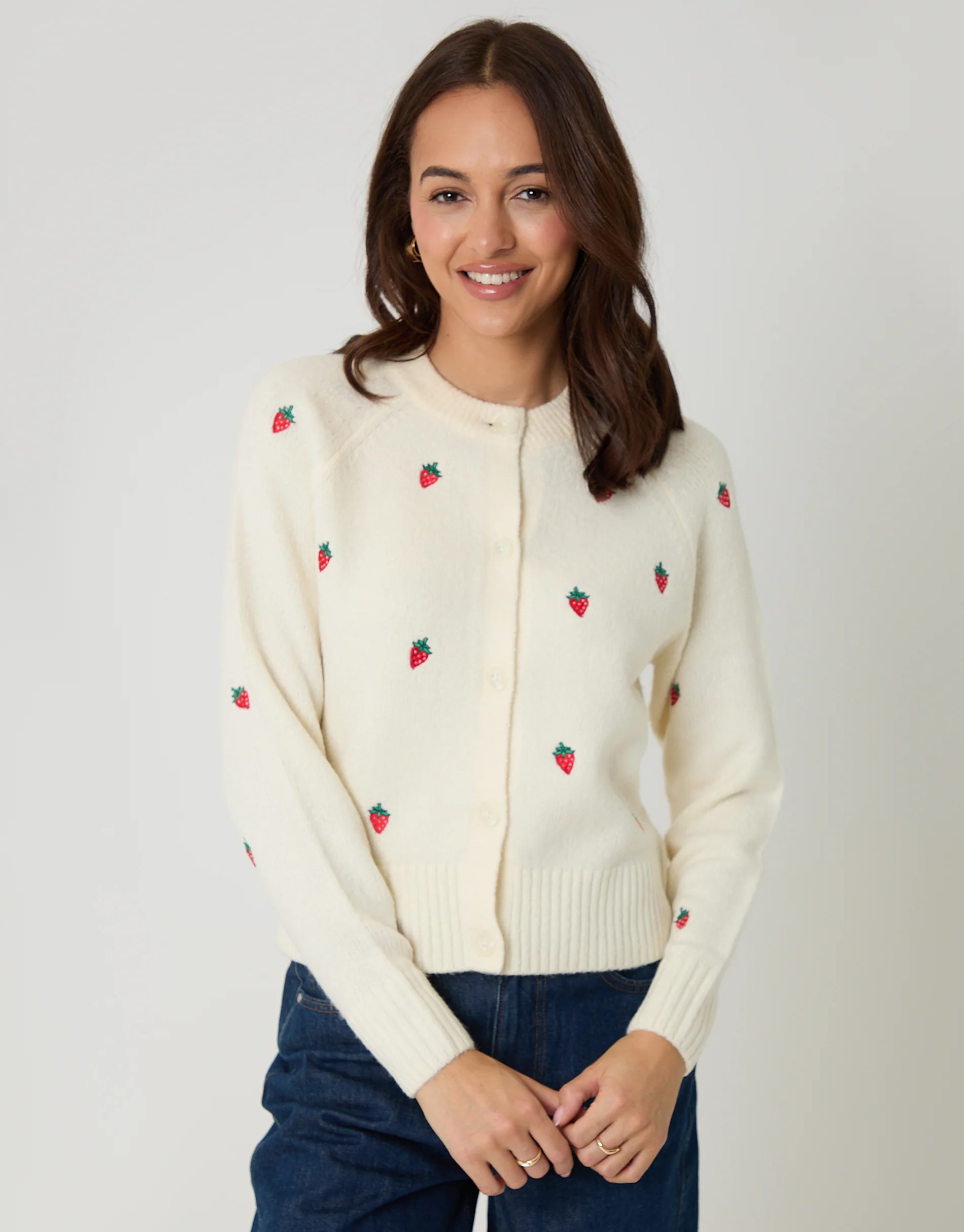 Strawberry Embroidery Crew Neck Cardigan in Cream - Image 6