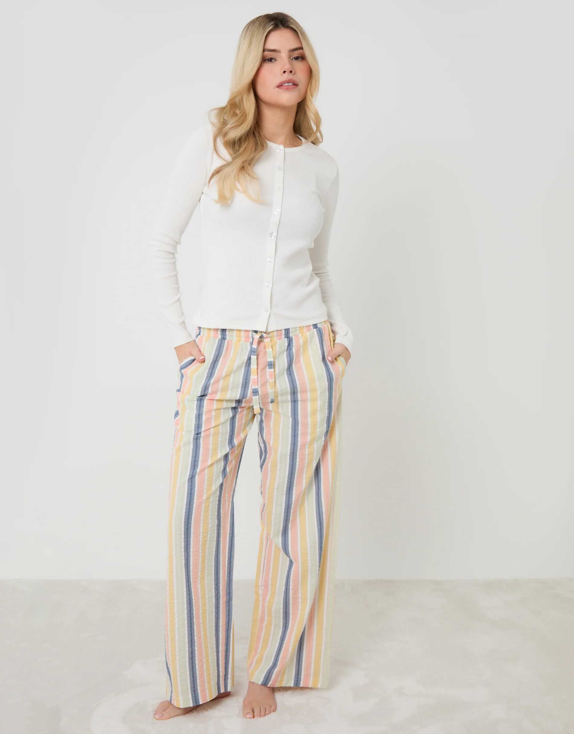 Button Front Cotton Pyjama Set in Cream Stripe