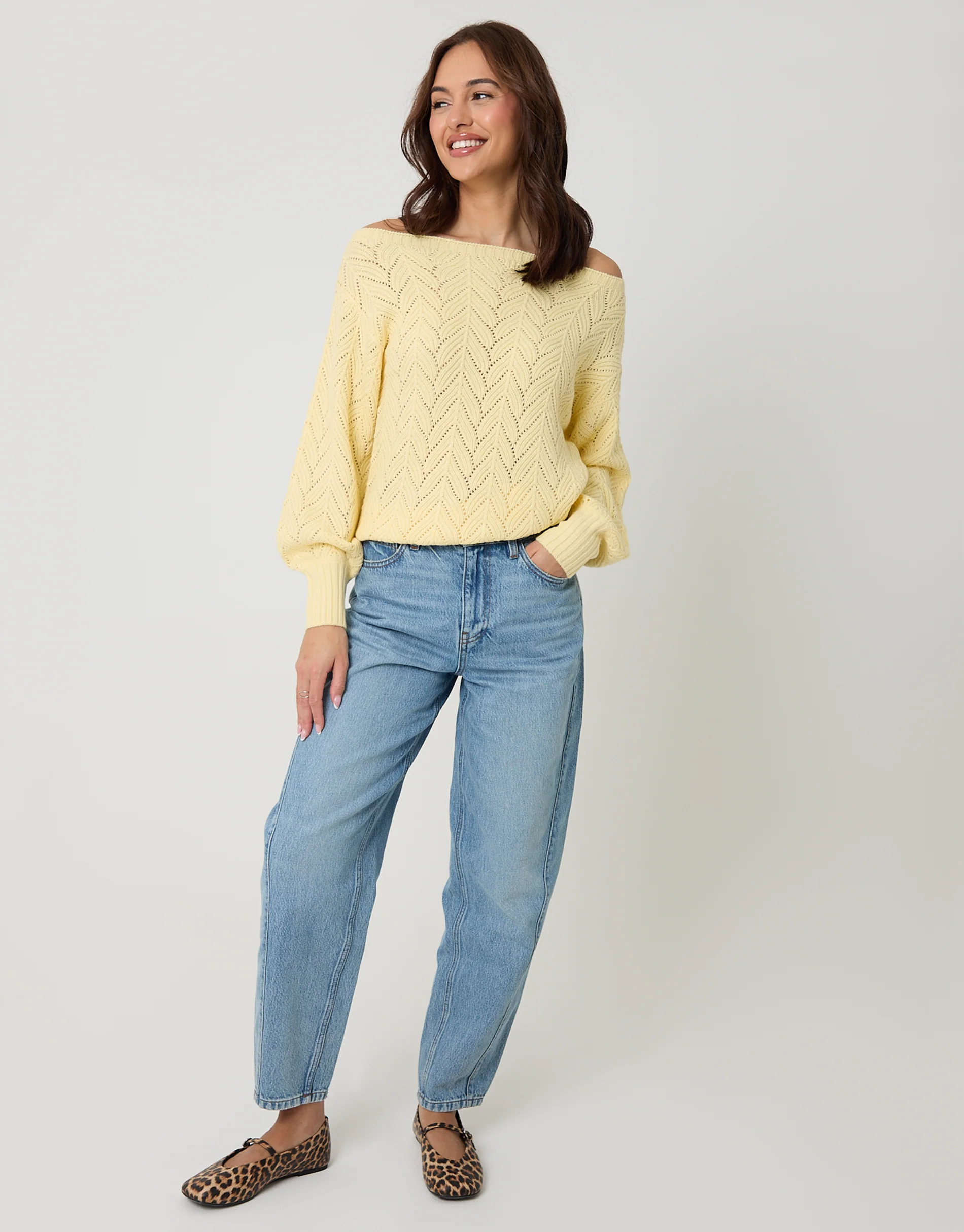 2 Pack Pointelle Knit Slash Neck Jumpers in Cream & Yellow - Image 4