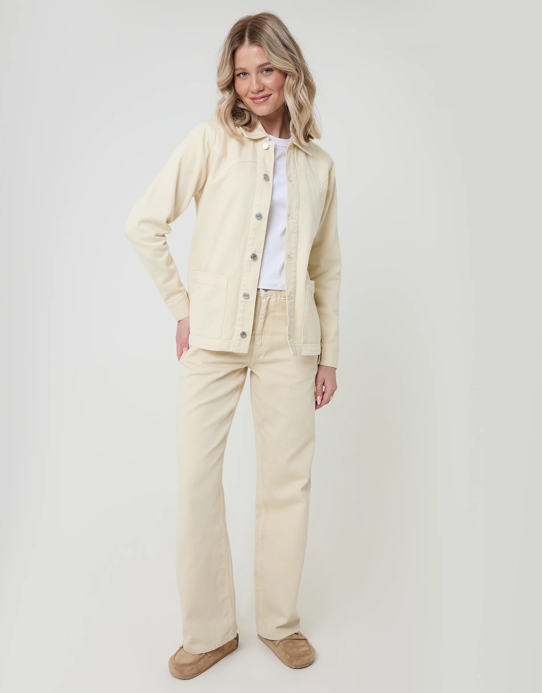Belted Denim Jacket in Ecru - Image 3