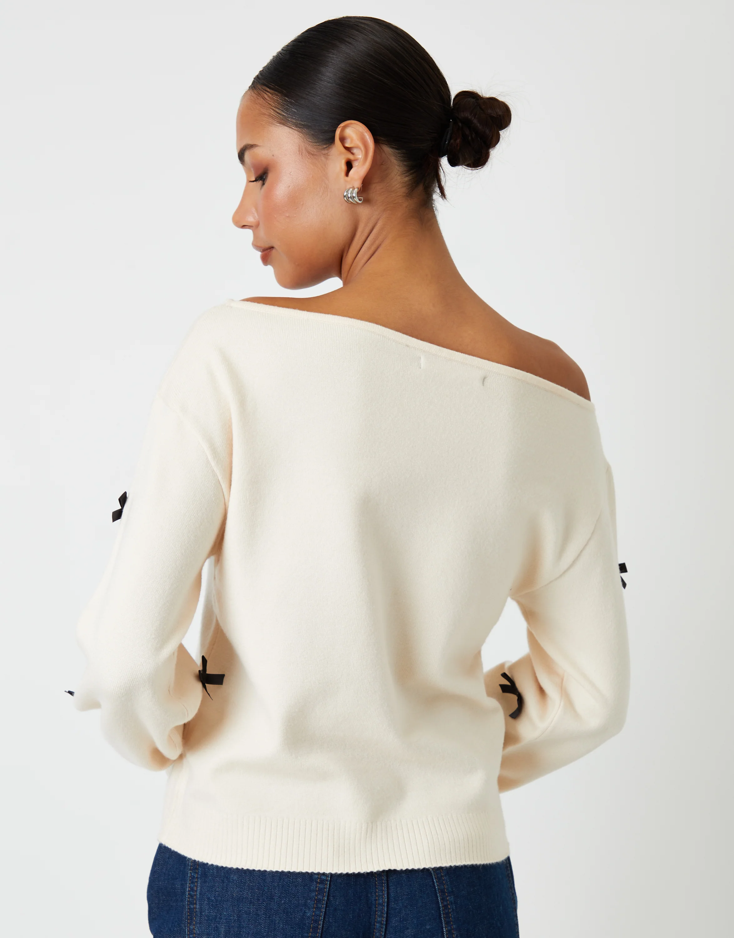 Bow Embellished Slash Neck Jumper in Ecru - Image 2