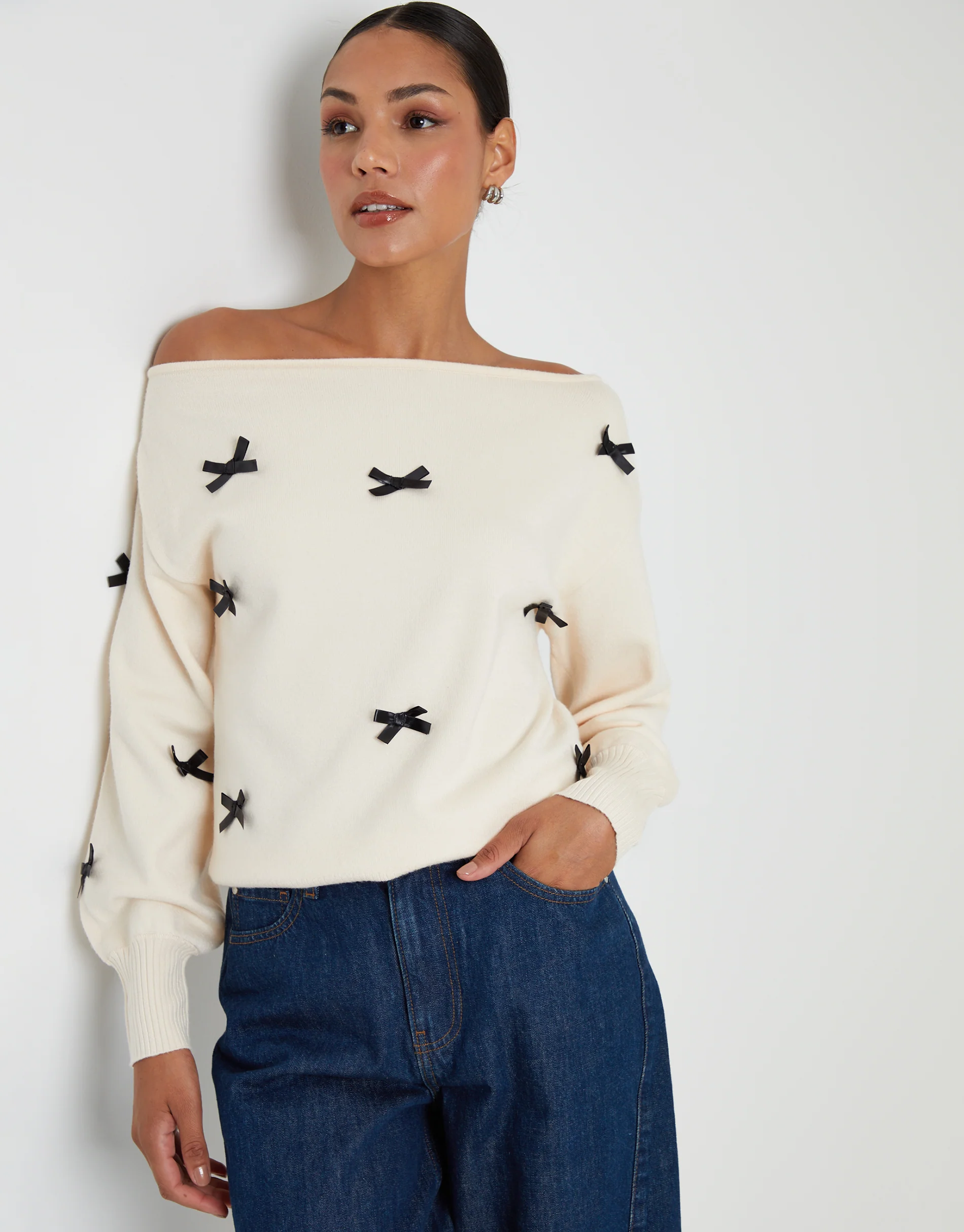 Bow Embellished Slash Neck Jumper in Ecru - Image 3