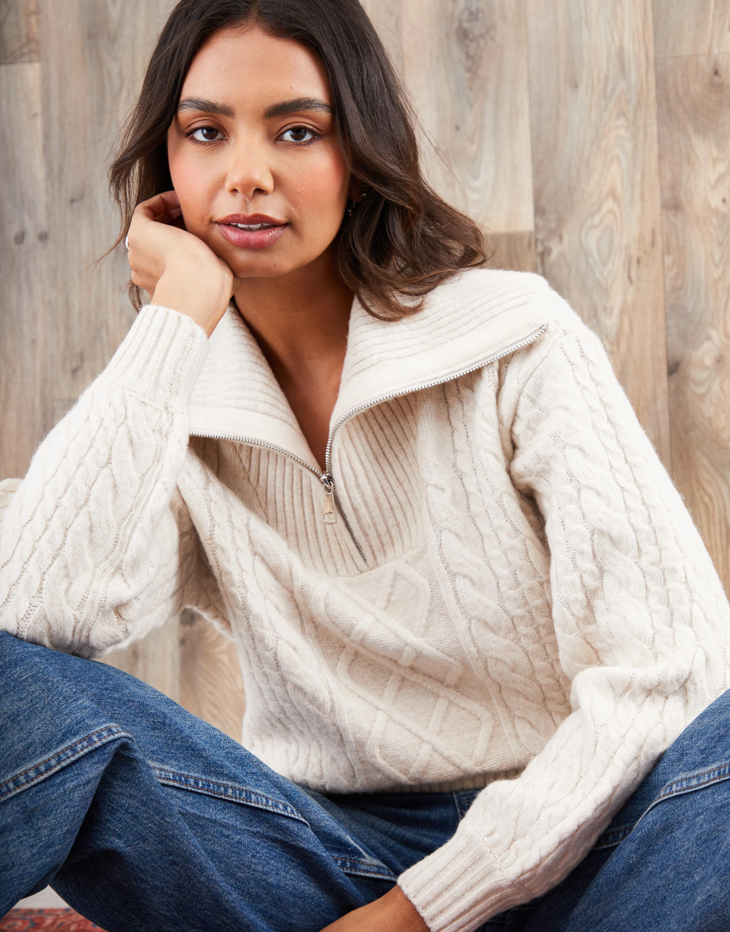 Cable Knit Quarter Zip Jumper in Ecru