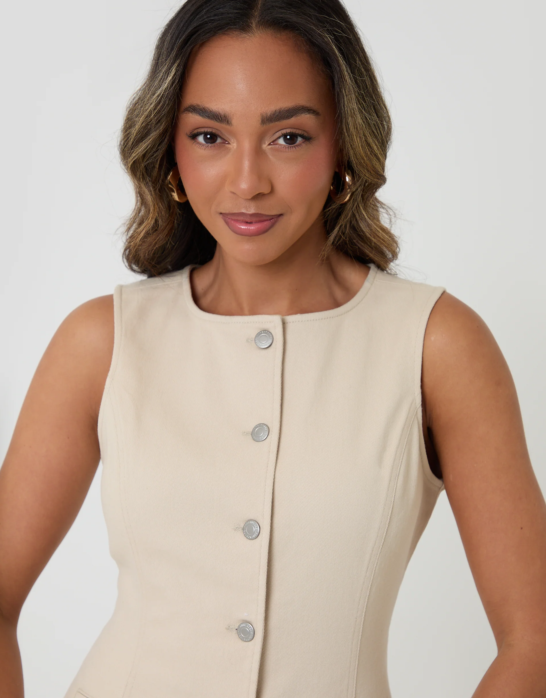 Crew Neck Longline Denim Waistcoat in Ecru - Image 5