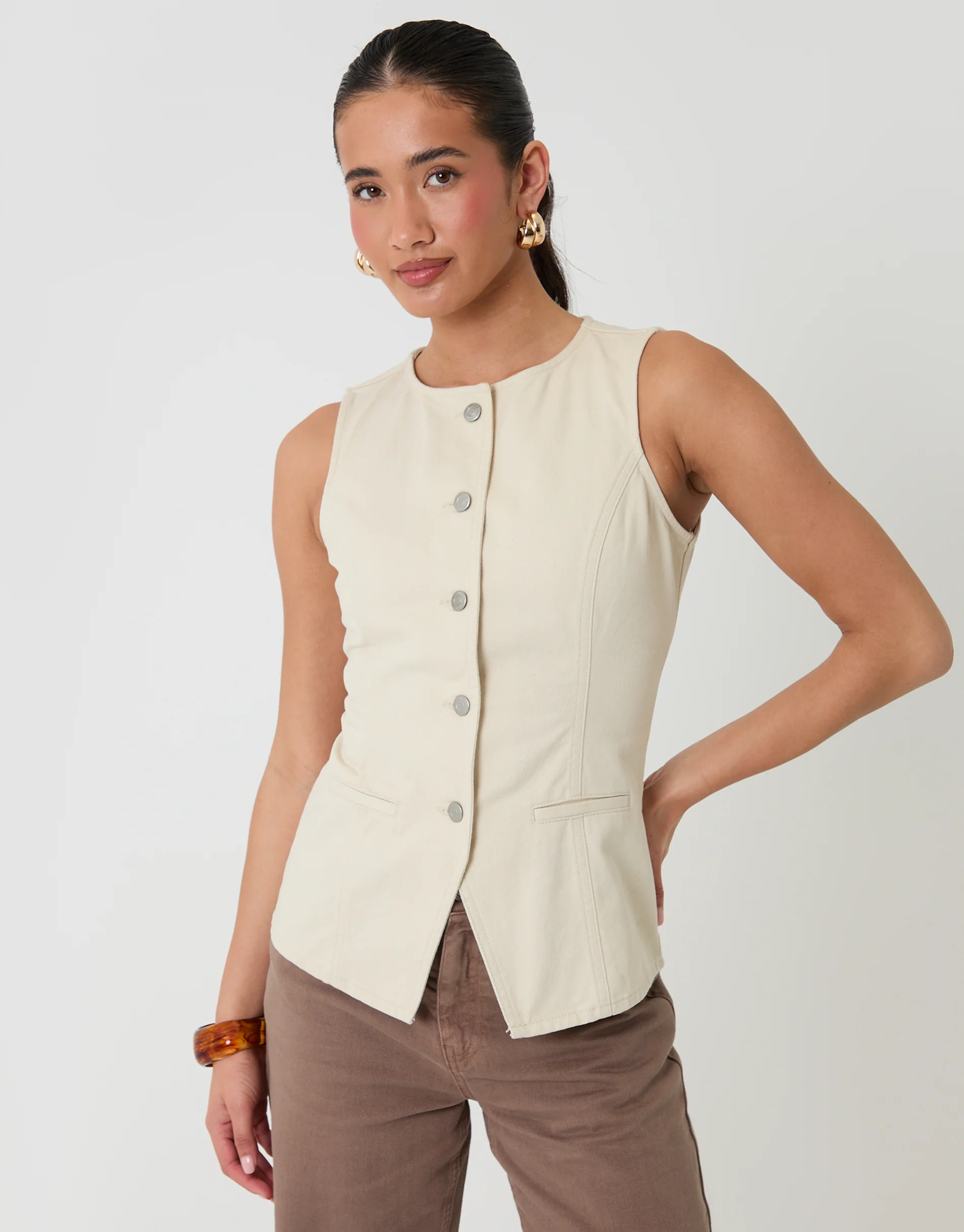 Denim Longline Waistcoat in Ecru