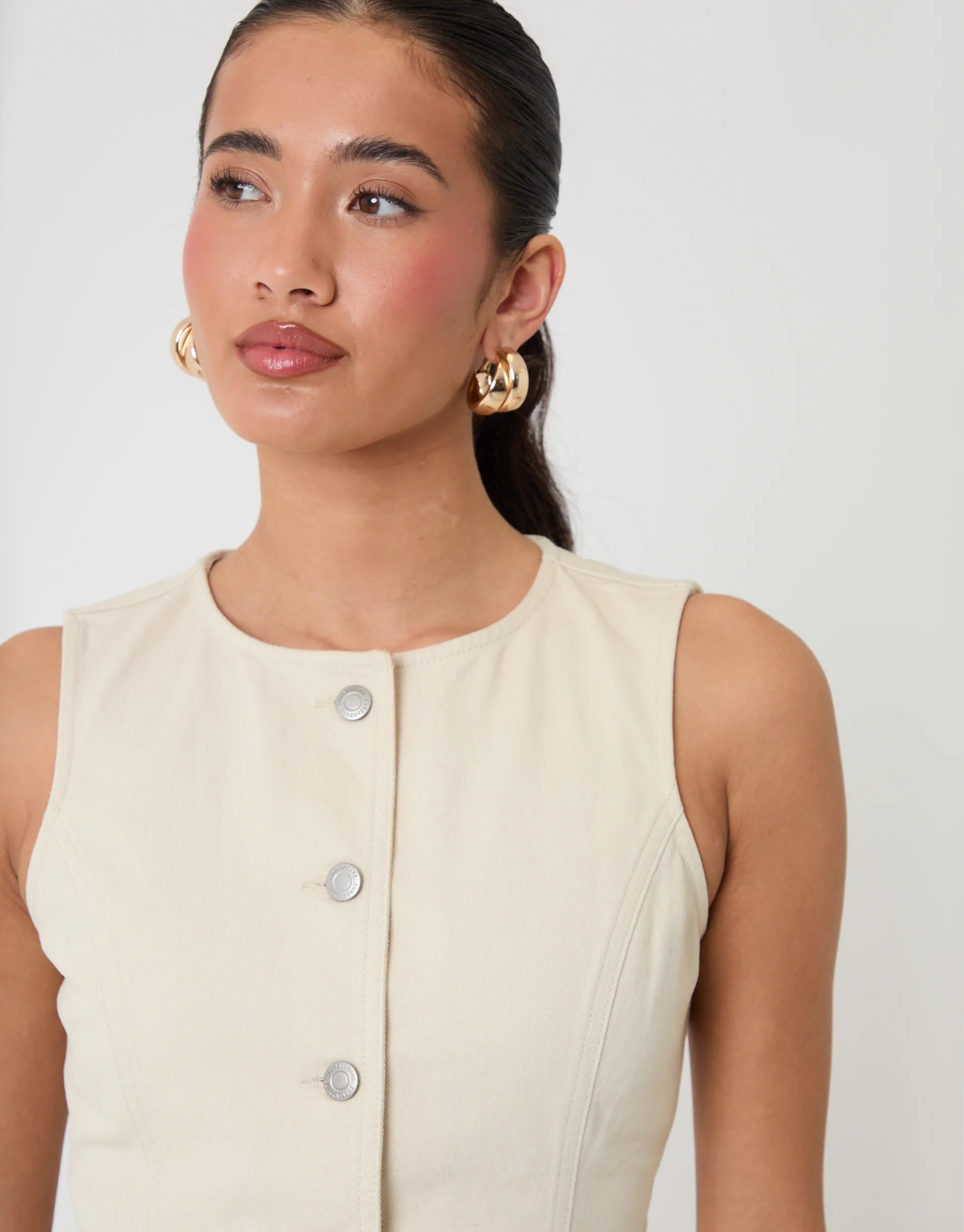 Denim Longline Waistcoat in Ecru - Image 4