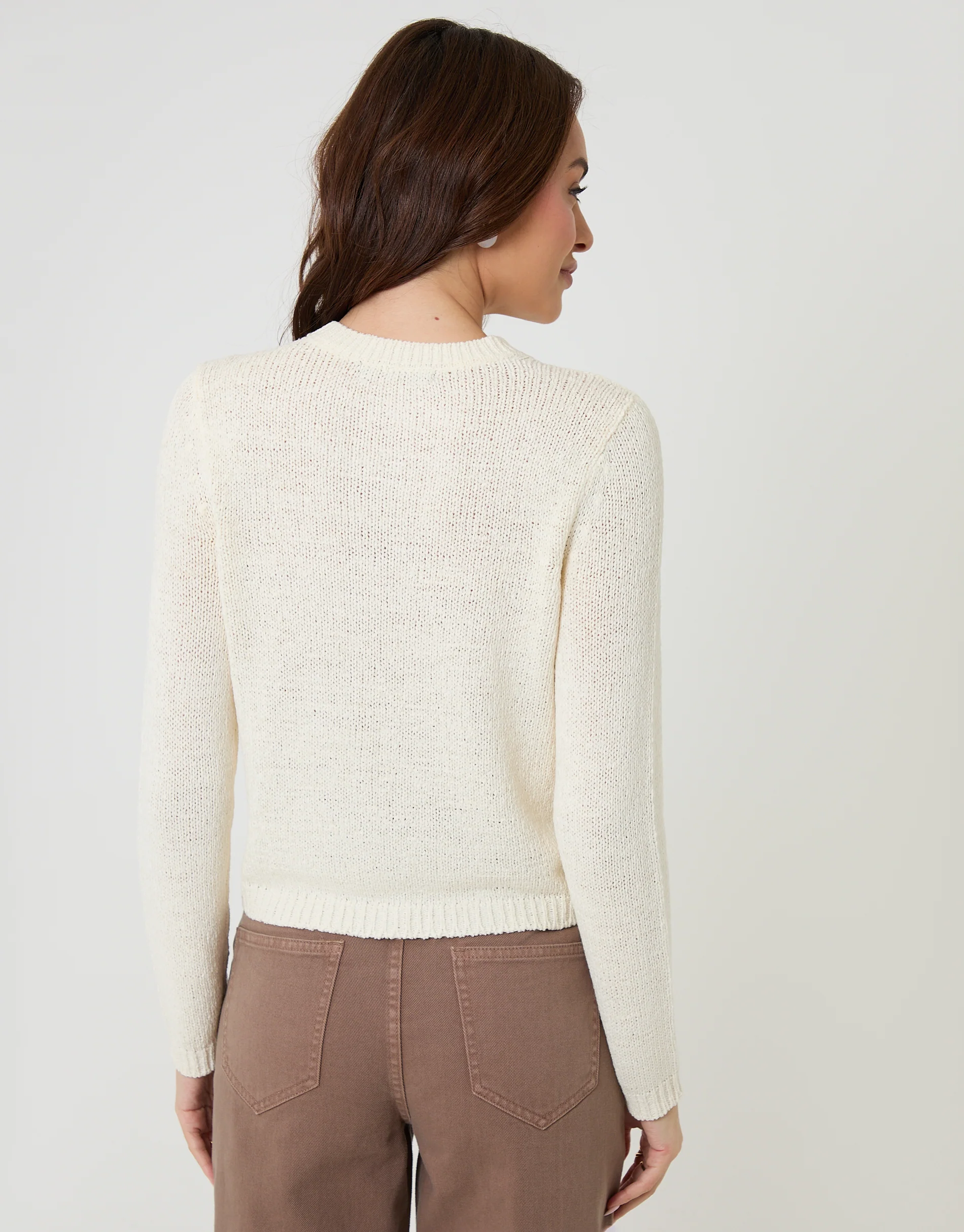 Knitted Yarn Crew Neck Cardigan in Ecru - Image 3