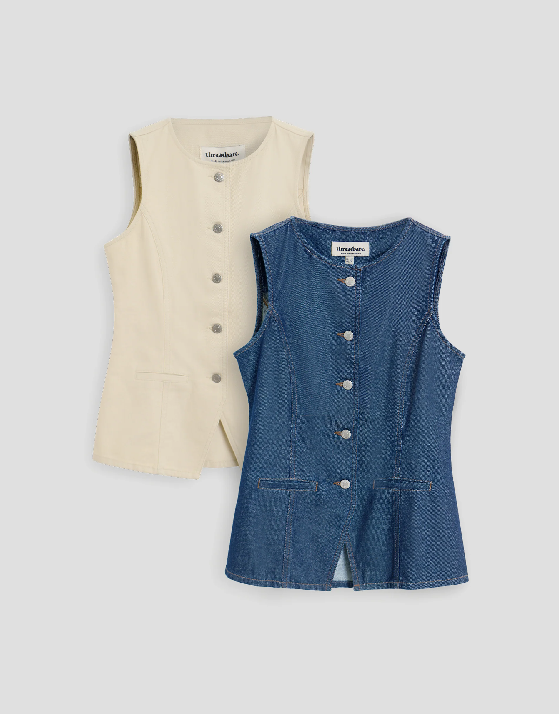 2 Pack Denim Tie Back Waistcoats in Ecru & Mid Wash