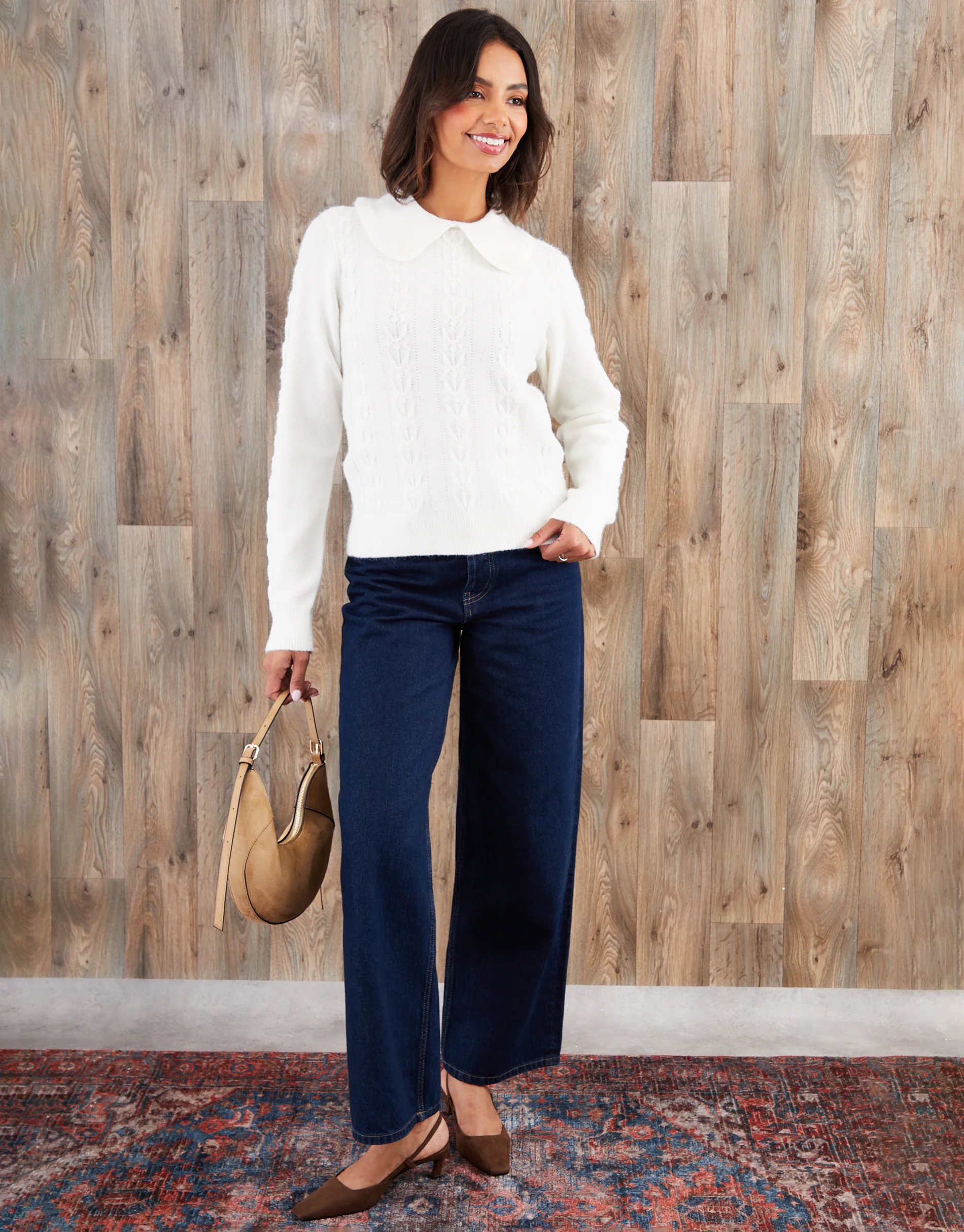 Peter Pan Collar Cable Knit Jumper in Ecru - Image 3